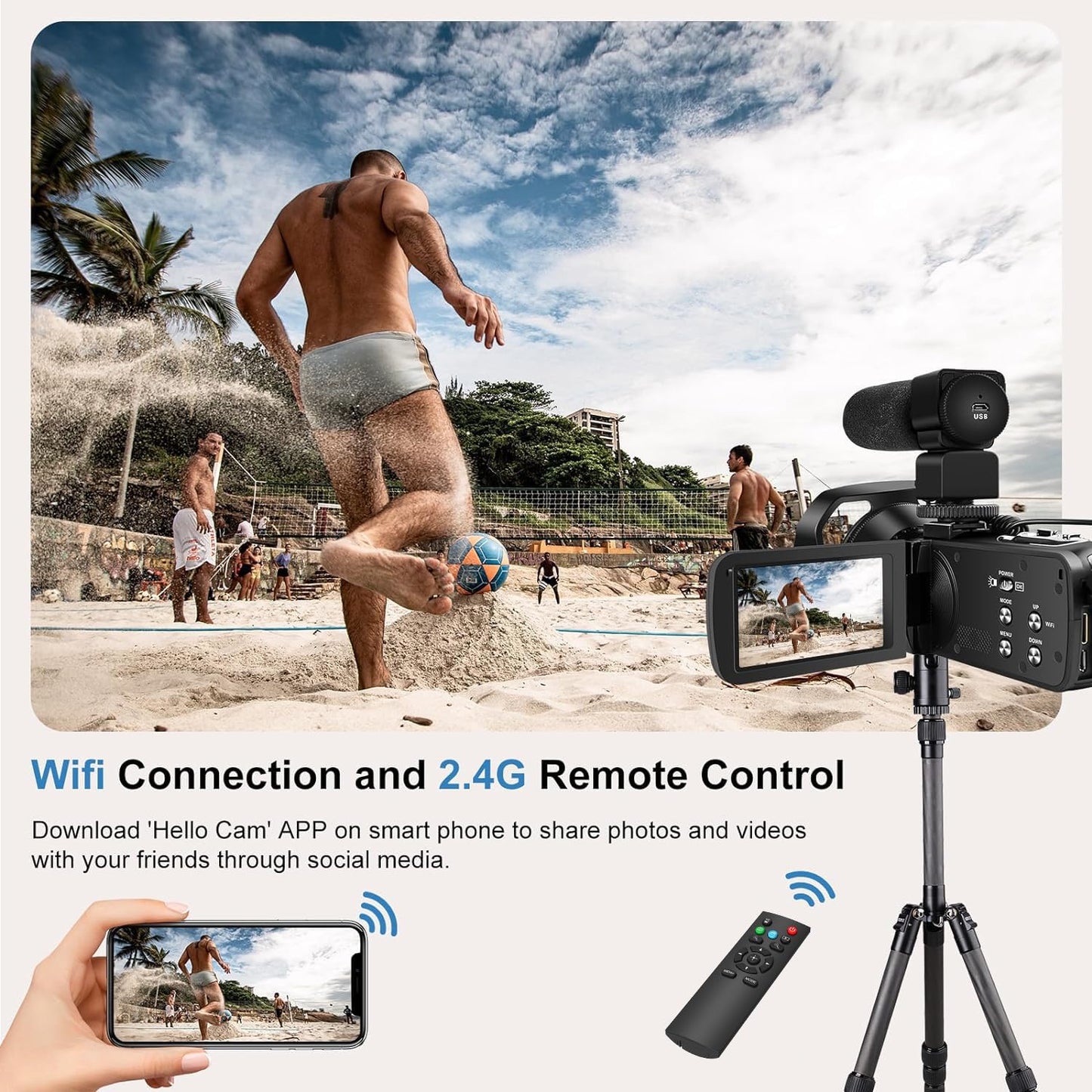 Delmodes Videokamera 5K Camcorder 64MP WiFi 18X Digitalzoom Vlogging Kamera für YouTube, 3.0" IPS Touchscreen IR Nachtsicht Videokamera mit Handstabilisator, 32GB SD-Karte, Fernbedienung, Batterien