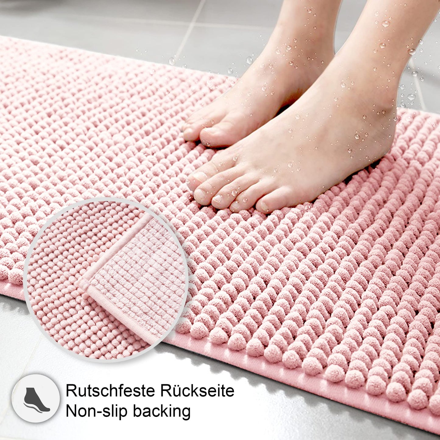 Decomira Badematte rutschfest | Als Badteppich Set kombinierbar | Badezimmer-Teppich Bad-Vorleger waschbar aus Chenille | Duschvorleger für Dusche, Badewannen, WC Deko | Rosa - 50x150 cm