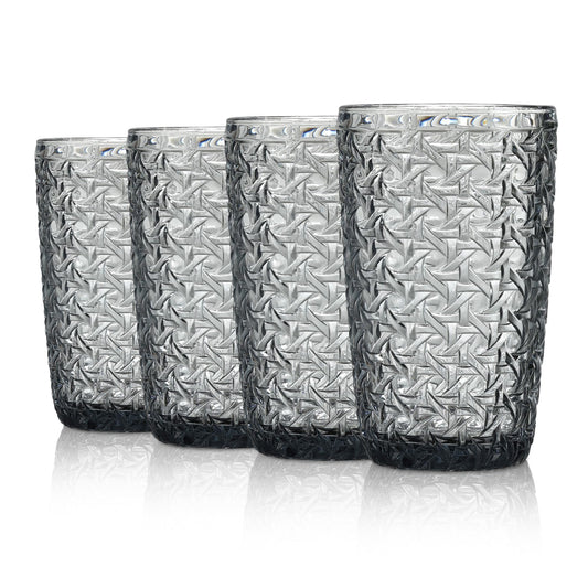 Joeyan 380ml Grau Wassergläser mit Geprägtem Design,Vintage Trinkgläser Longdrinkgläser,Bunt Wassergläser mit Geometrisches Textur,4er Set,Spülmaschinenfest