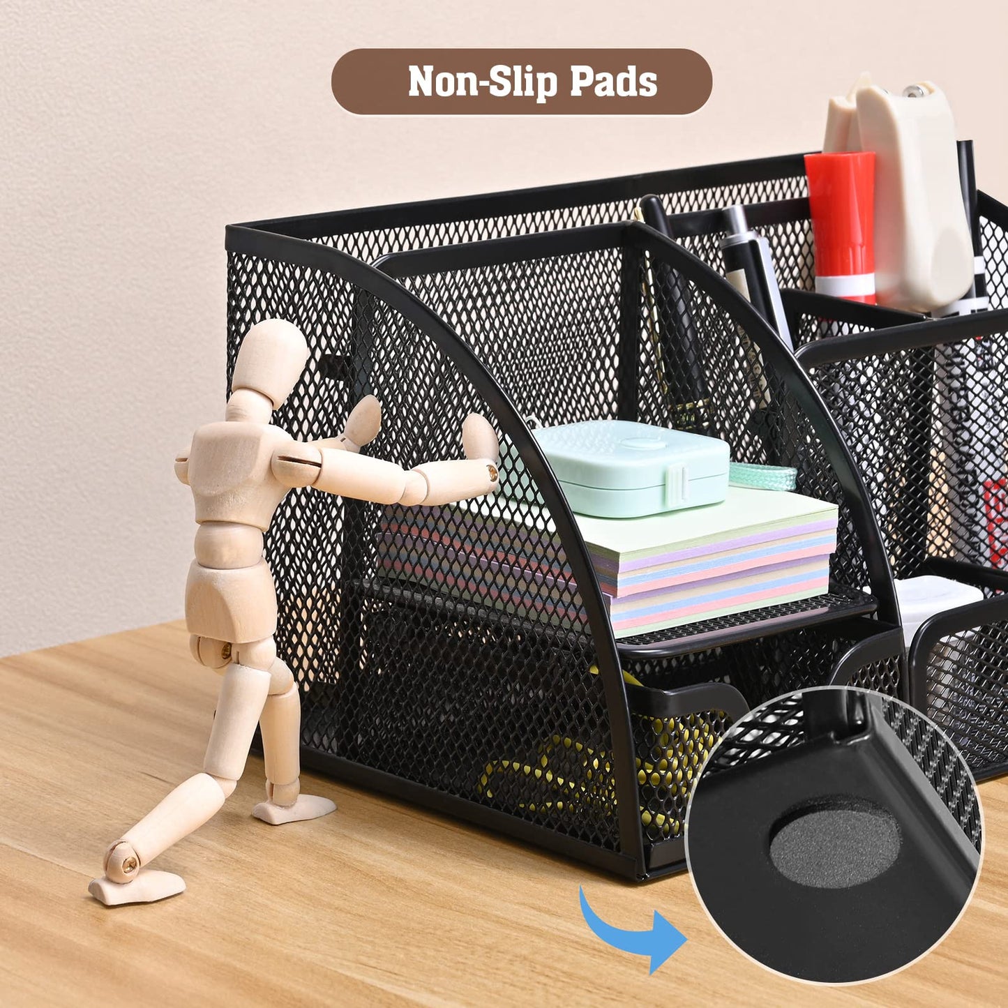 MumdoYAL Schreibtisch Organizer, Mesh Metall Büro Organizer mit Schublade und Stifthalter für Stifte, Haftnotizen, Hefter, Ordnerklammern, Schwarz