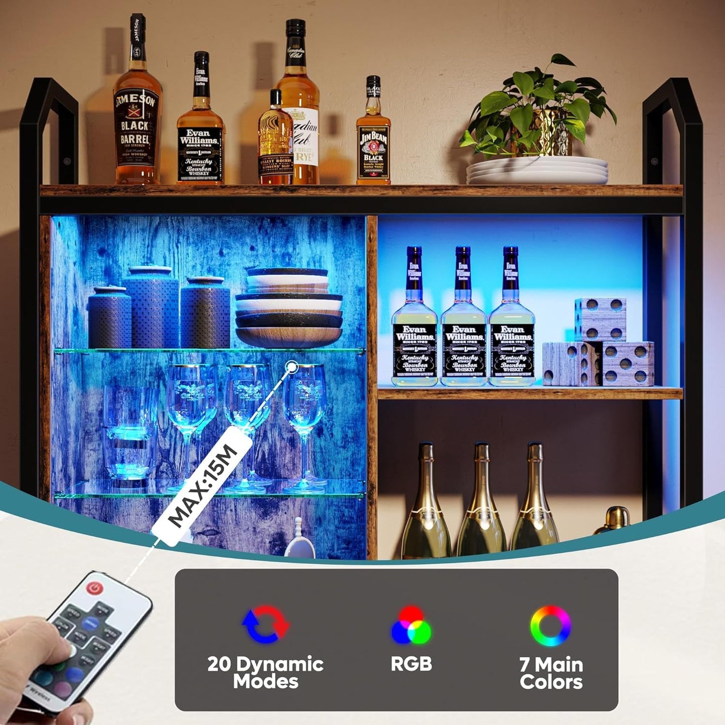 Bestier LED Küche schwimmende Regale, 84cm industrielle Rohr Regale mit verstellbaren Glasböden, Wandregal mit 6 S-Haken Handtuch Bar, Wein Kaffee Bar Regal für Raumdekoration rustikal, Braun