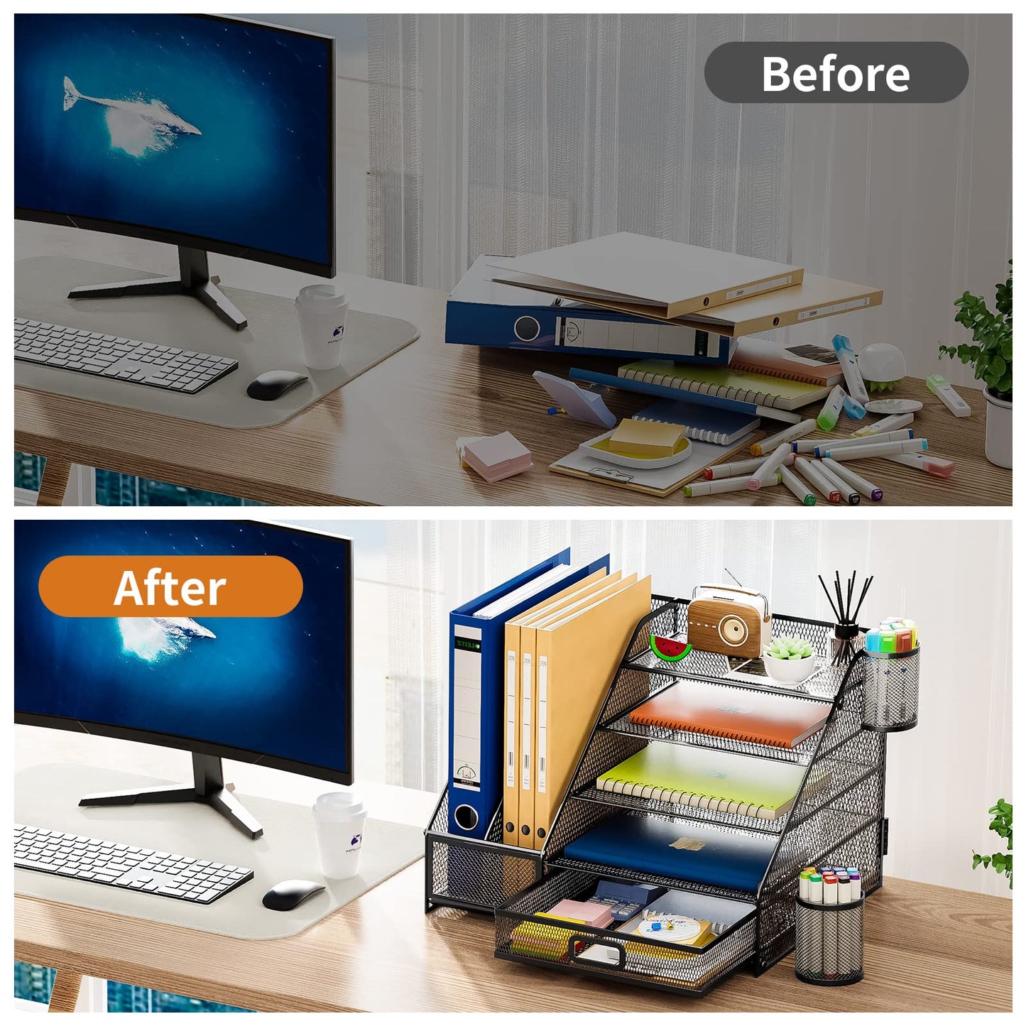 Marbrasse Schreibtisch Organizer,5-Stöckig,Papier-Briefablage mit Schublade,2 Stifthalter,Netz-Schreibtisch-Organizer, Zubehör,Aufbewahrung für Heimbürobedarf (Einseitiger Buchständer)