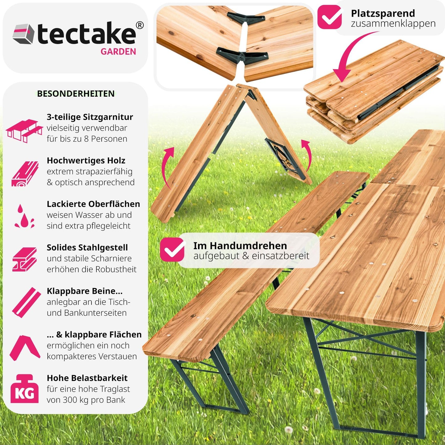 tectake® Bierzeltgarnitur, Festzeltgarnitur, Biertisch, Set 2X Bierbank 1x Tisch klappbar, als Gartenmöbel, Balkon Möbel oder zum Camping, platzsparend, wetterfest und robust