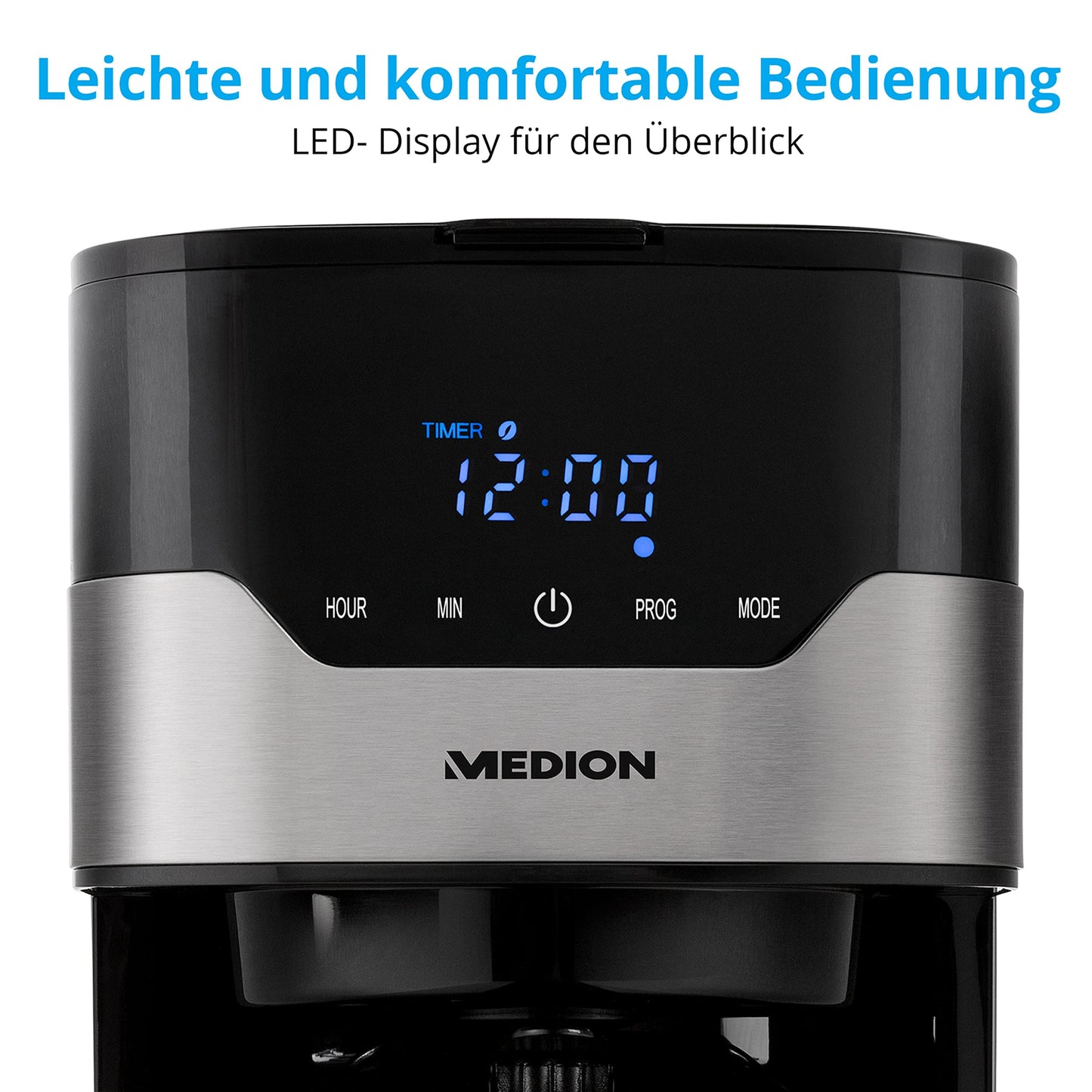 MEDION Kaffeemaschine mit Thermoskanne und Timer (Filtermaschine, 8 Tassen, 1,2 Liter, 900 Watt, 3 Stufen, Warmhaltefunktion, Timer Zeitschaltuhr, Antitropf, Display, MD18458) edelstahl