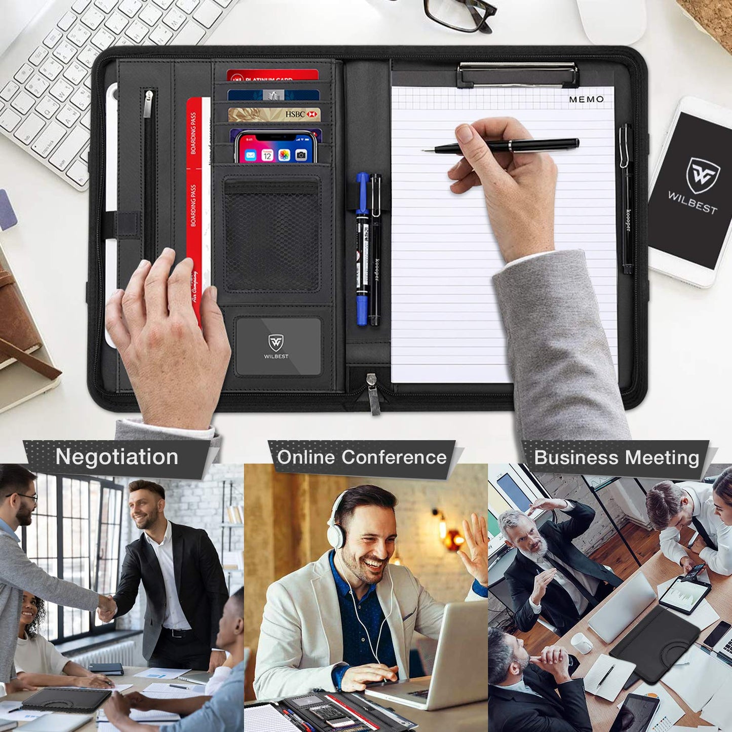 wilbest® A4 Schreibmappe, Multifunktions Ledermappe, Große Fächern für Tablet, Reißverschlussfach, Facheinschließlich Schreibbloc, 4 Kartenfächer, Faltbaren Magnetgriffen, Wasserdicht Dokumentenmappe