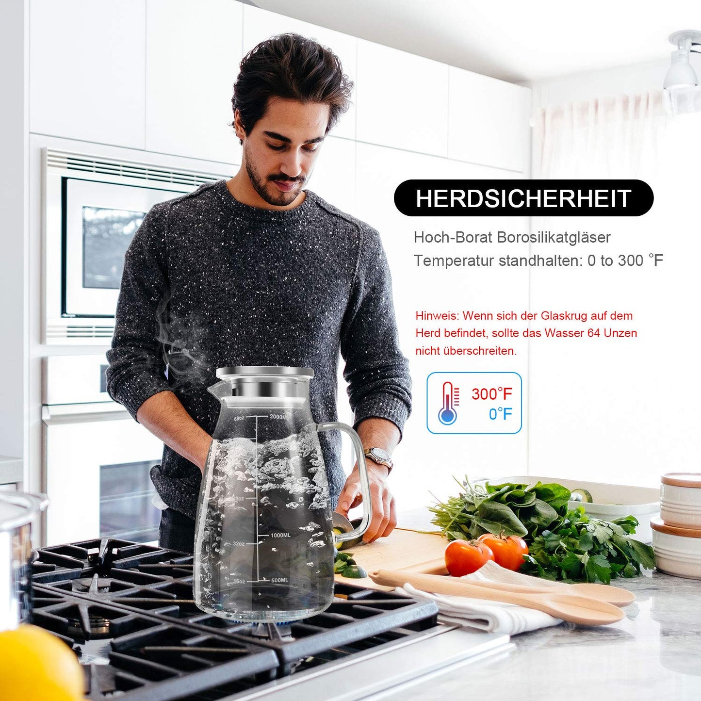 Aofmee Karaffe, Karaffe 2 Liter, Glaskaraffe, Wasserkaraffe, Karaffe Glas, Glaskaraffe mit Deckel, Wasserkrug, Glaskrug, Wasserkaraffe mit Kühlung, Eistee Krug Saft Krug, Getränkekaraffe Glaskanne