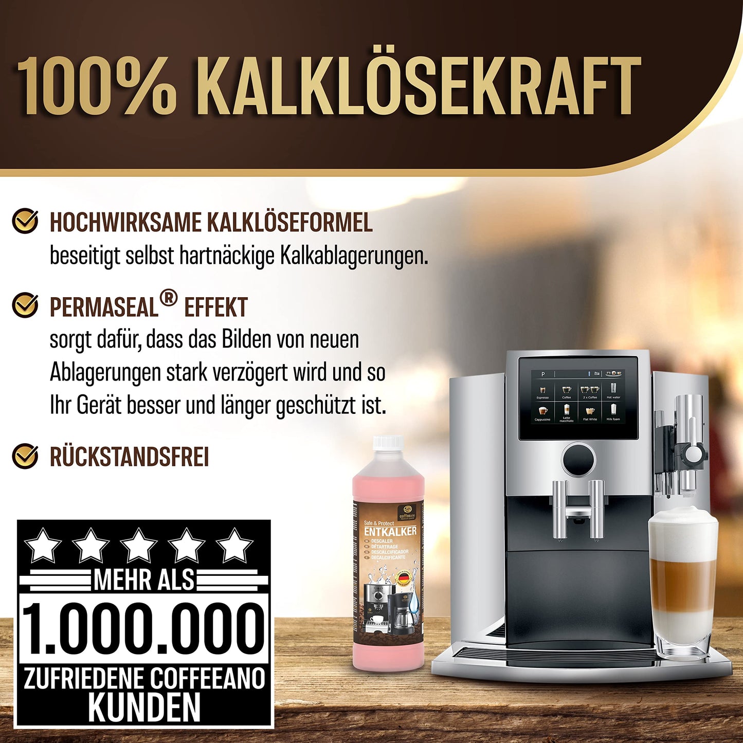 Coffeeano 1000ml Entkalker für Kaffeevollautomaten und Kaffeemaschinen, 8 Anwendungen, für Delonghi, Siemens, EQ Series, Jura, Krups, Bosch, Miele, Melitta, WMF uvm.