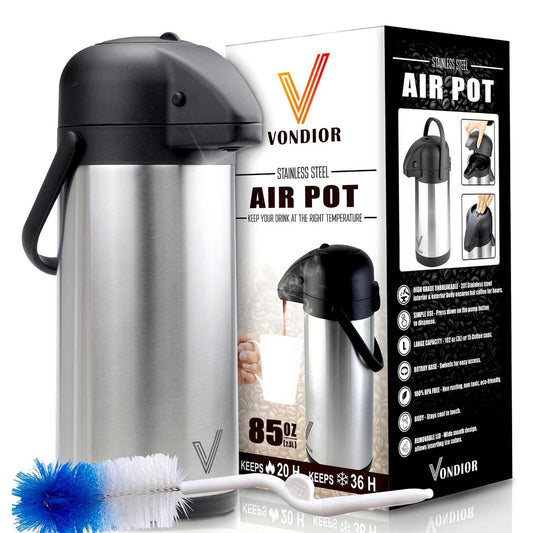 Vondior Airpot Pumpkanne 2,5 liters- Professionelle isolierte Kaffeekaraffe aus Edelstahl, Thermoskanne, Thermos-Getränkespender, Geeignet Für Partygetränke