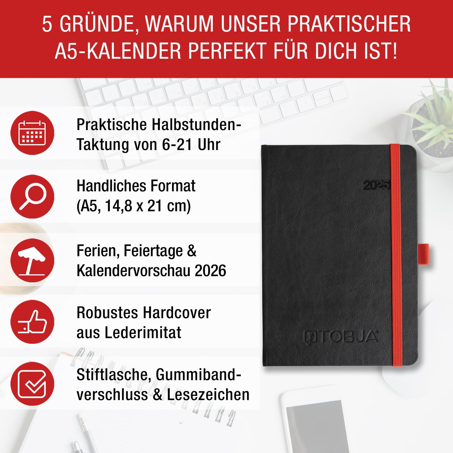 TOBJA Buchkalender 2025 A5 1 Woche 2 Seiten | Halbstunden-Taktung von 6-21 Uhr,Kalender 2025 A5 Wochenplaner & Terminkalender | Taschenkalender 2025 A5