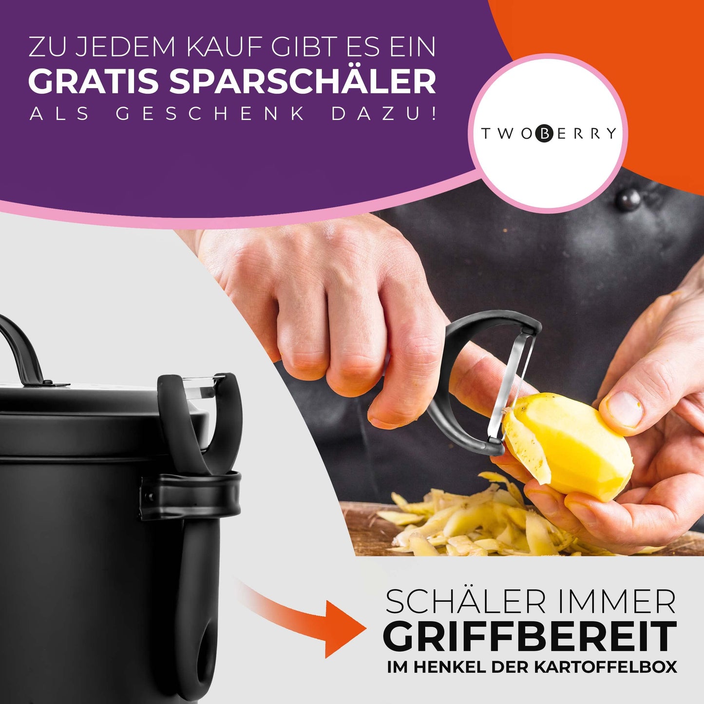 TWOBERRY Kartoffel Aufbewahrungsbox [3er Set] inkl. Sparschäler- längere Haltbarkeit durch 360° Luftzirkulation - Zwiebel , & Knoblauch Aufbewahrung Küche
