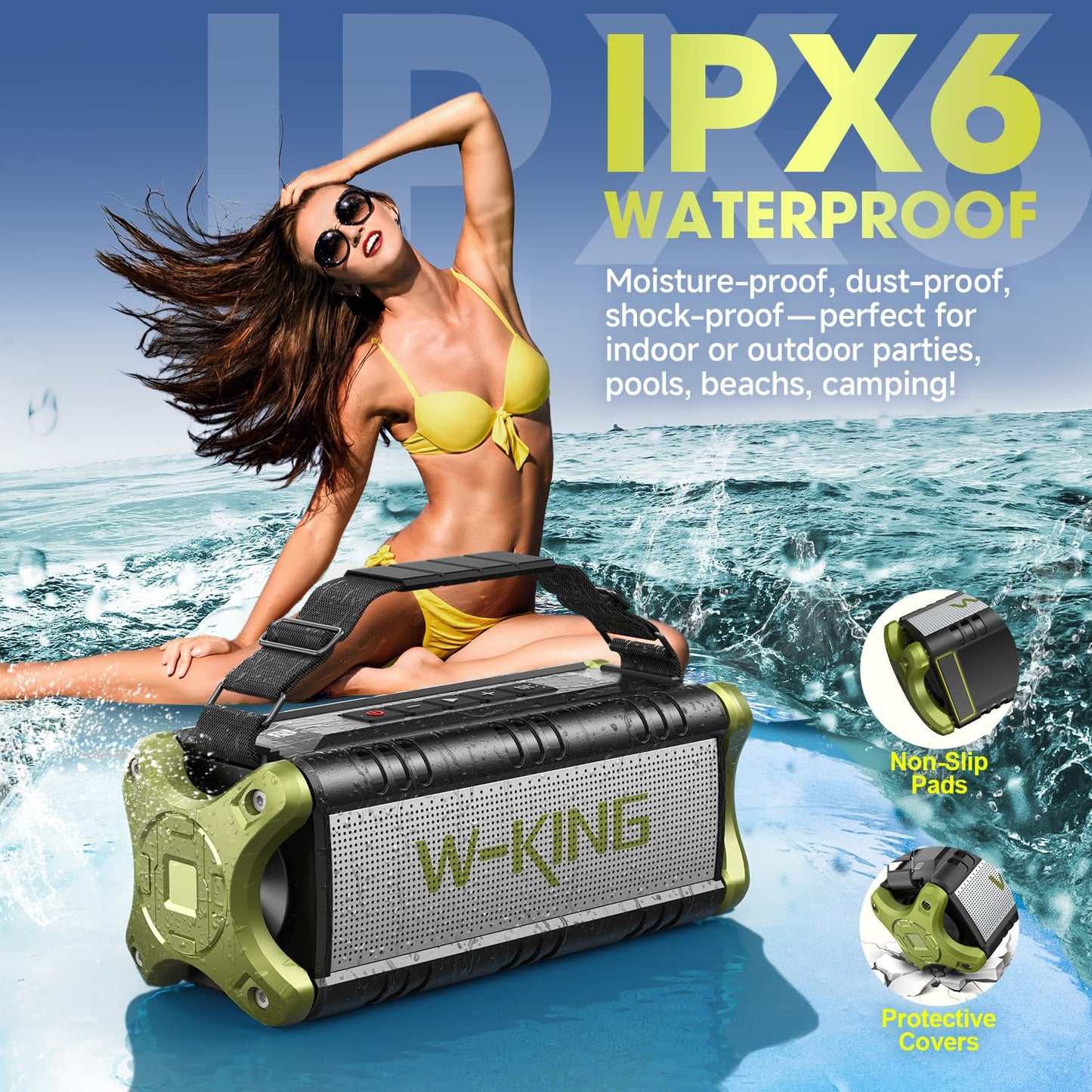 W-KING Bluetooth Lautsprecher Groß 90W Peak, Musikbox Bluetooth, 50W Deep Bass, Portable Party Loud Lautsprecher Boxen, IPX6 Wasserdicht, Boombox Outdoor Lautsprecher, 40H, EQ, Powerbank, AUX, TF,NFC