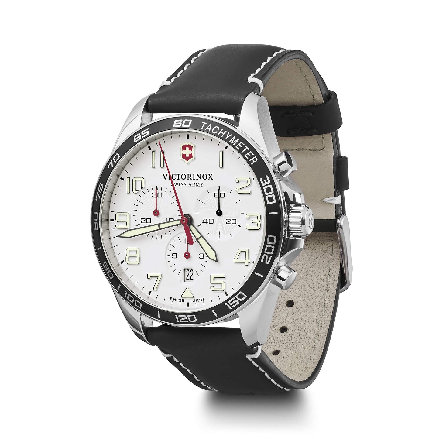 Victorinox Herren Armbanduhr Fieldforce Chrono Ø 42 mm, Swiss Made, Analog Quarz, Wasserdicht bis 100 m, Saphirglas, Leder-Armband, Schwarz/Weiß