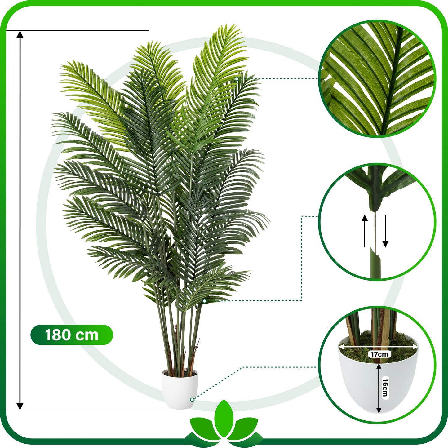 PASCH® Areca Kunstpalme groß (180 cm) - Naturgetreu & Langlebig | Realistische Kunstpflanzen groß | Künstliche Pflanzen groß | Palme künstlich | Künstliche Palme für EIN natürliches Ambiente