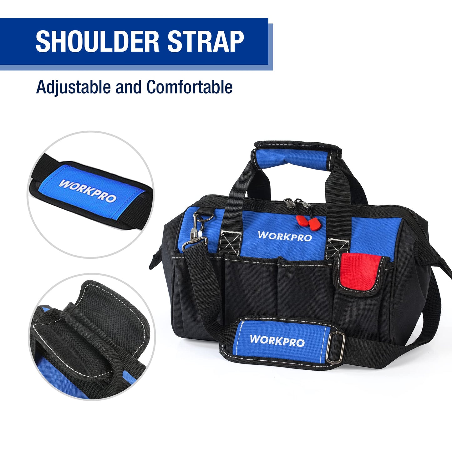 WORKPRO Werkzeugtasche Elektriker, Wasserdichte Werkzeugtasche Profi, weite Öffnung & große Kapazität 35CM aus 600D Polyester, Schultergurt verstellbar, Multifunktion für Heimwerker Handwerker