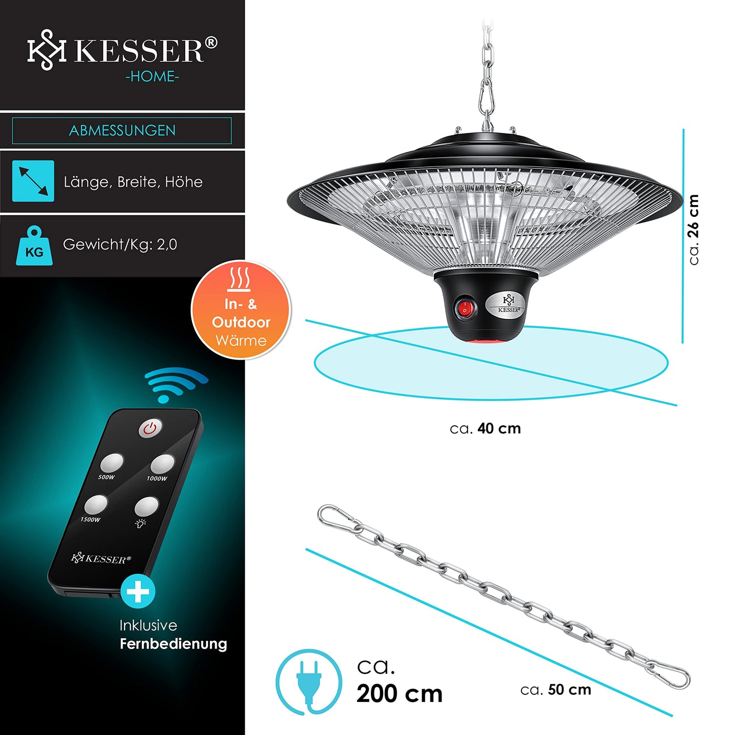 Kesser® Deckenheizstrahler ✓ Heizpilz ✓ Heizstrahler ✓ Terrassenstrahler | Infrarot | Decke | Heizgerät| Infrarotstrahler | Wärmestrahler | Terrasse | Quarzstrahler | Leistung: 1500W mit Fernbedienung