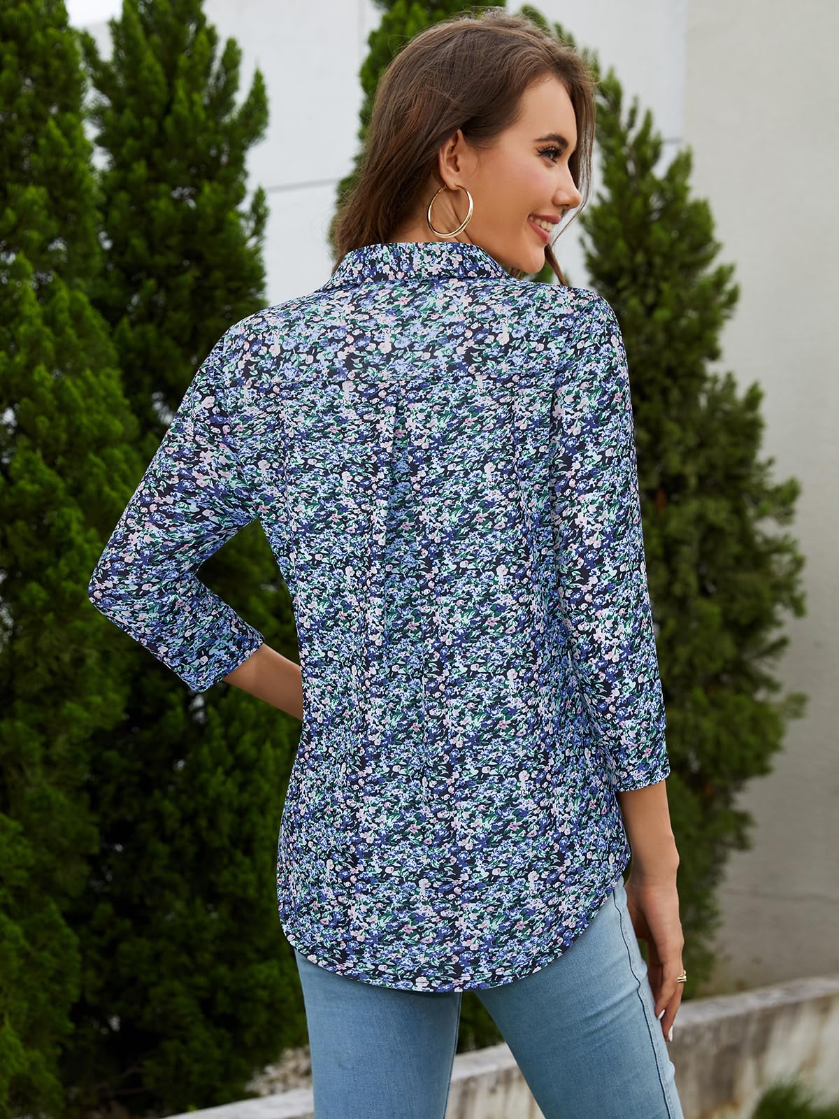 Siddhe Damen Bluse Elegant 3/4 Ärmel Oberteile V-Ausschnitt Große Größen Tunika Tops A-Linie Lockere Arbeits Longshirt Lässige Business Mode Hemd Büro Damenblusen, Blau Blumen 3XL