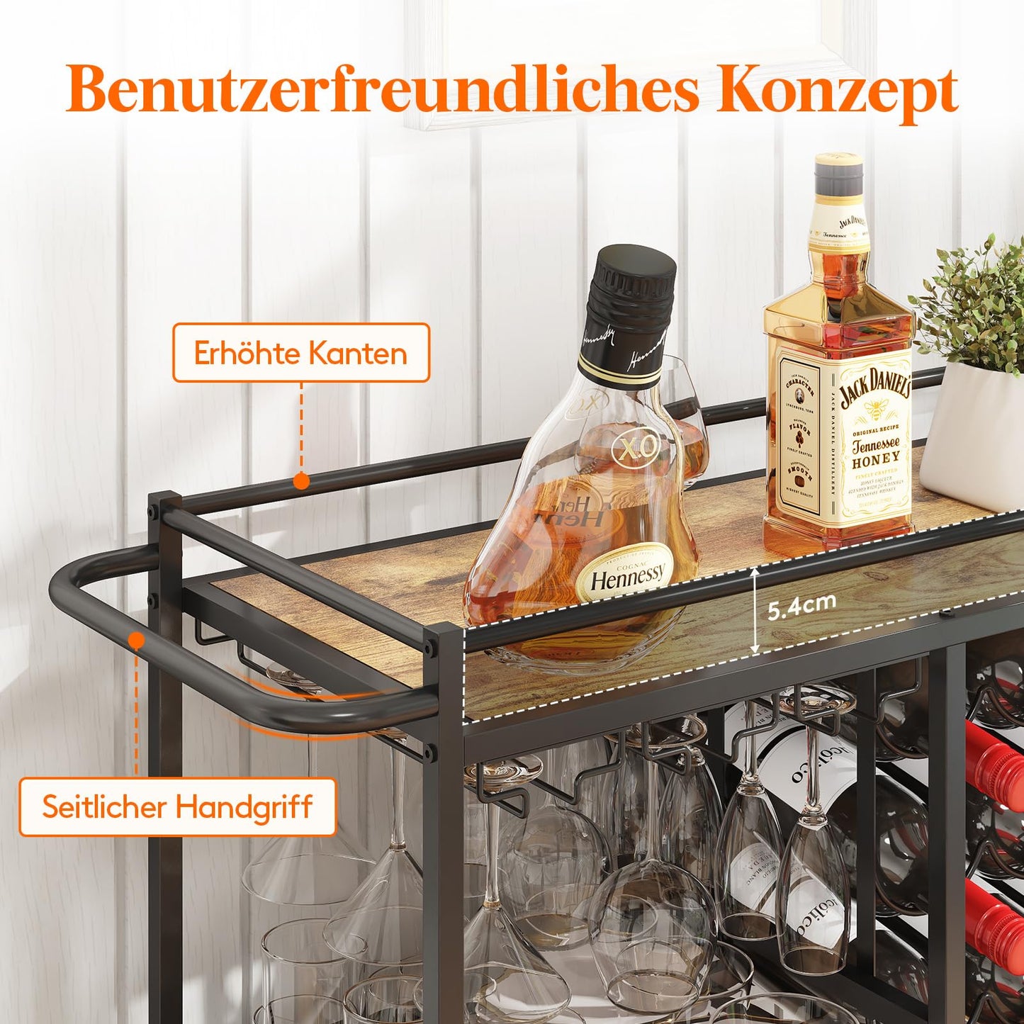 Lifewit Servierwagen, Barwagen mit 3 Ebenen und feststellbaren Rädern, 12 Weinfächern und 3 Reihen Glashalter, Küchenwagen,Cocktailwagen für Esszimmer Wohnzimmer, 80,2 x 33,2 x 86 cm, Braun-Rustikal
