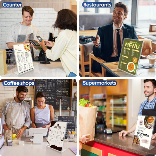 LOUFOGEI Aufsteller A4, 5 Stück Acryl Tischaufsteller A4 für Poster, Flyer, Speisekarten, Transparent Din A4 Aufsteller, Schräg L-Acryl Tischaufsteller für Restaurant, Theke, Werbeaktionen, Shop