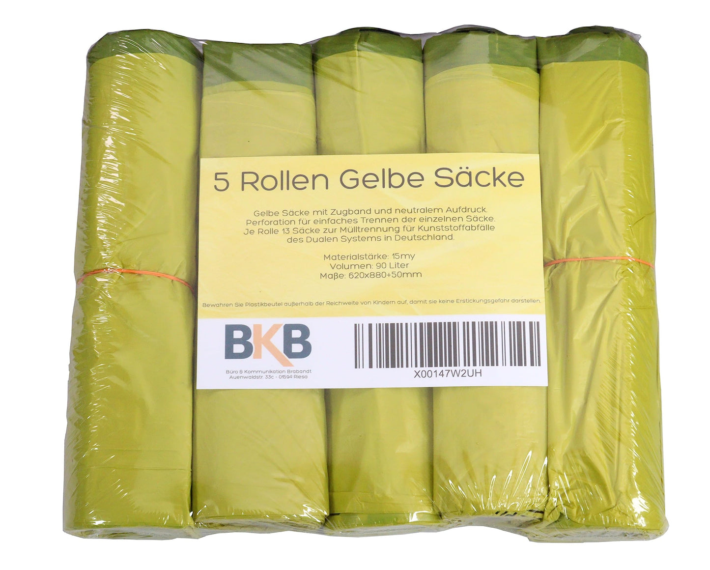 5 Rollen Gelber Sack, Gelbe Säcke mit praktischem Zugband, 90 Liter, 15µ - Wertstoffsack