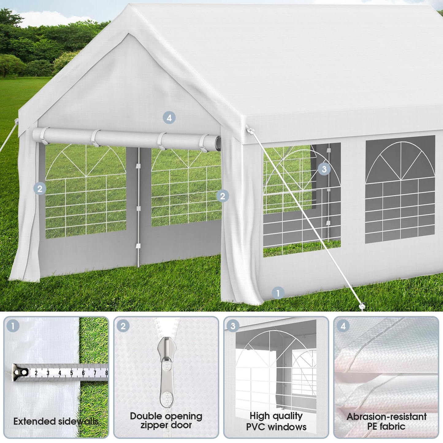 Homall Partyzelt 3x6 m,Metall Gestell Gartenzelt,Pavillon Wasserdicht 560g/m² PE-Plane,Zelt Stabil-18 Bodenhaken 4 Windfesten Seilen,UV-Schutz 50+Große Luxus Hochzeitszelt Gartenpavillon18m²,Weiß