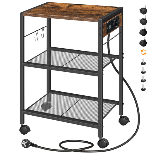 HOOBRO Druckerständer, 3-stufiger Druckerständer mit Ladestation, Lagerregal mit Rollen/verstellbaren Füßen, mit 2 Haken, für das Heimbüro, Vintagebraun und Schwarz EBF22CPS01