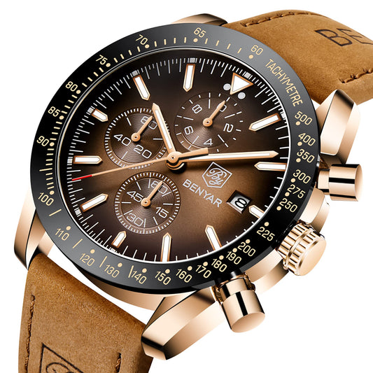 BENYAR Uhren Herren Chronograph Analog Quarz Braun Lederarmband Armbanduhr Herren Wasserdicht Leuchtende Datum Herrenuhr Mode Lässig Sport Business-Kleid Uhren fur Männer Elegantes Geschenk