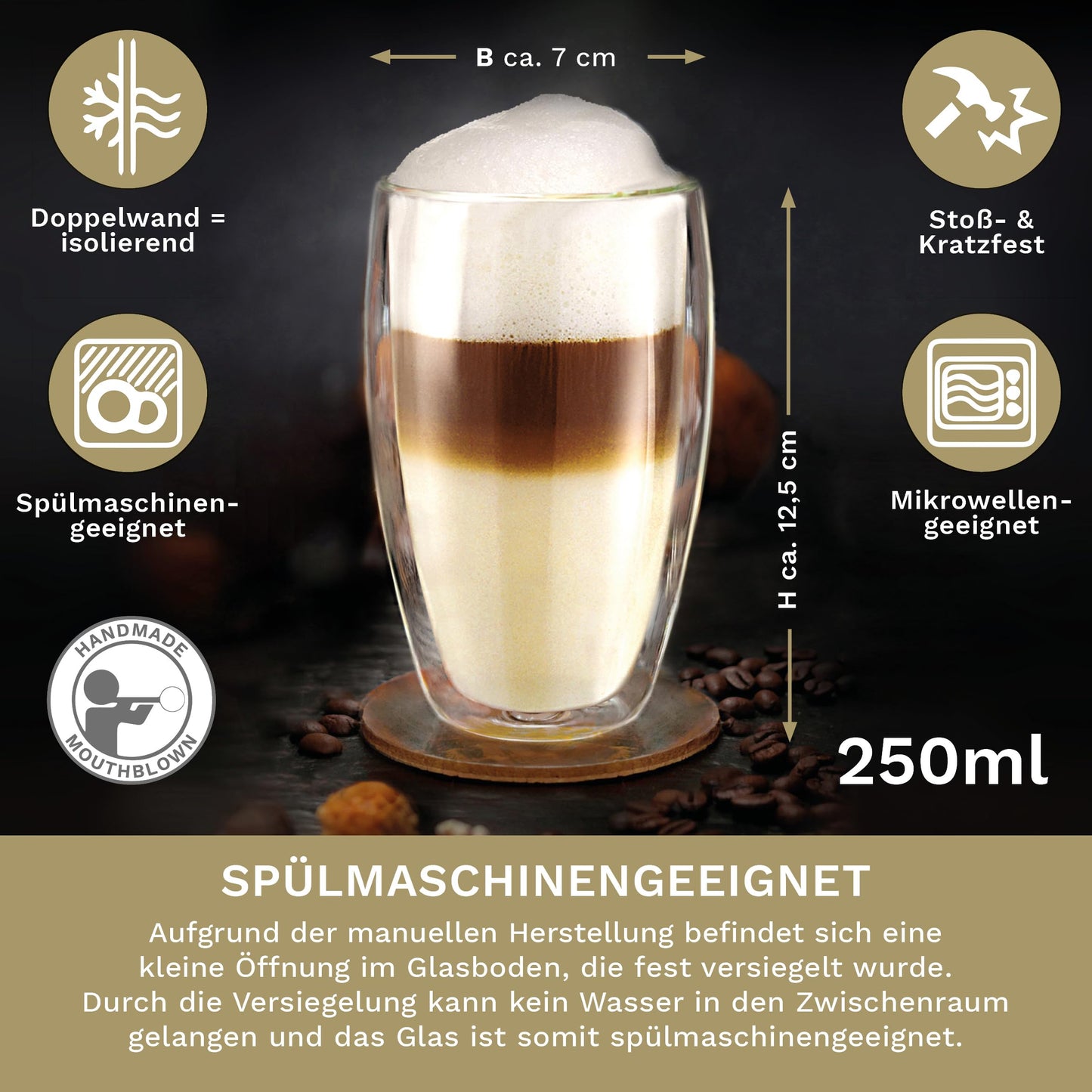Creano doppelwandiges Thermoglas 250ml „DG-SH“, Doppelwandglas auch für kleine Hände geeignet, doppelwandige Cappuccinotassen, Kaffee, Tee, Latte Gläser 2er Set
