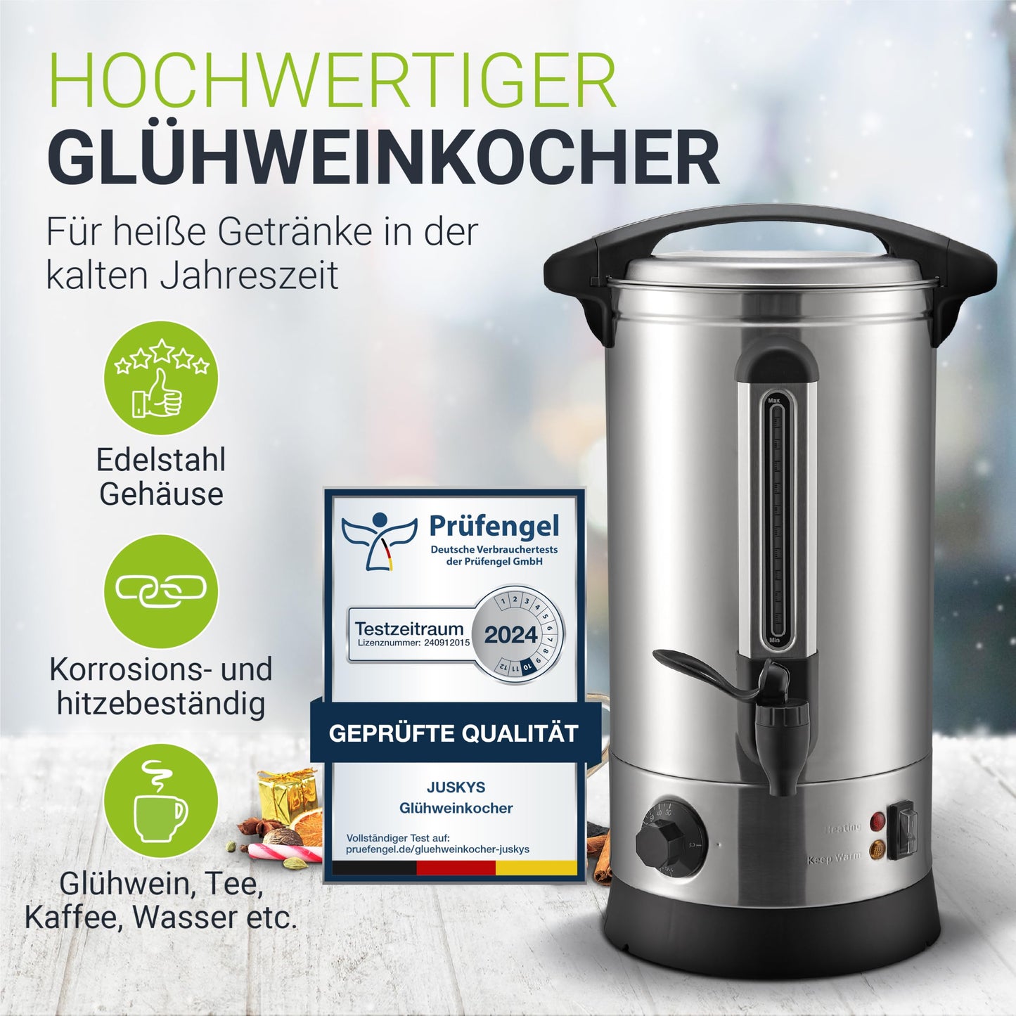 Juskys Teramo Glühweinkocher 10L, Edelstahl, 1500W, mit Zapfhahn, Thermostat 30-110°C, Heißgetränkespender für Glühwein und Punsch