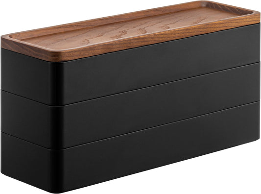 Yamazaki 5810 RIN 3-stöckige schmale Accessoirebox mit Deckel, schwarz, ABS-Harz/Holz, minimalistisch, 24 x 8 x 11.5 cm