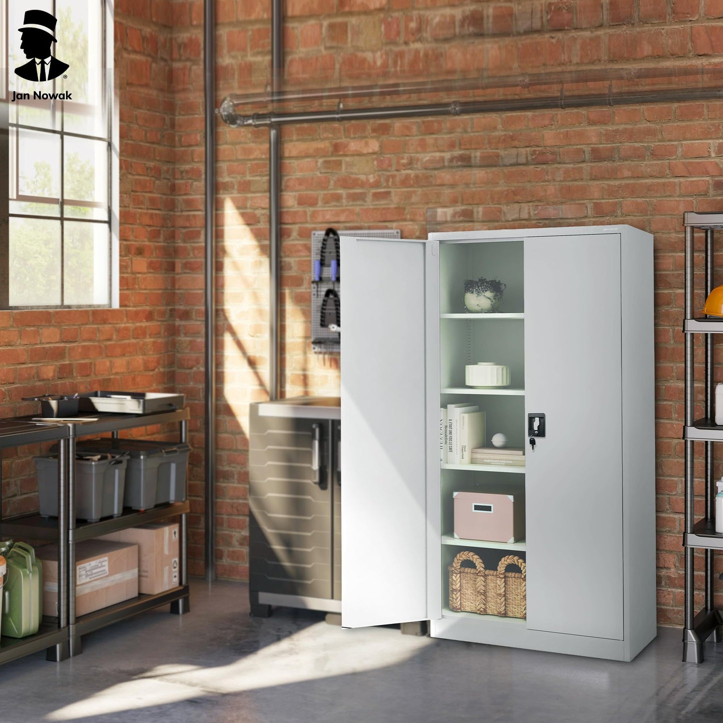Jan Nowak Metallschrank Jan 185 x 90 x 40 cm - Metall Aktenschrank Abschließbar mit 2 Türen, Mehrzweckschrank mit 5 Ebenen, Büroschrank aus Stahlschrank mit Pulverbeschichtung - Grau