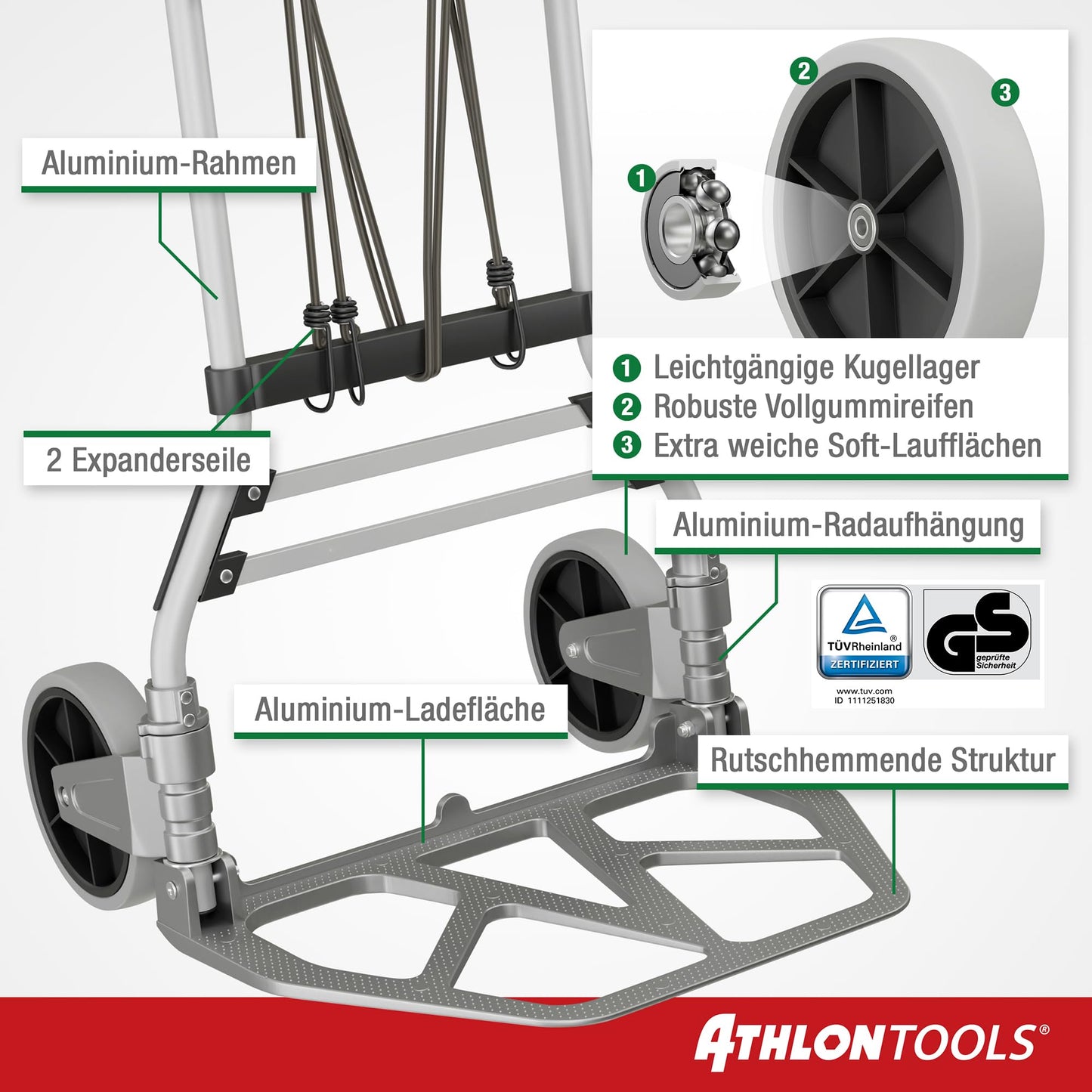 ATHLON TOOLS Schwerlast-Sackkarre klappbar 150 kg - Aluminium - Große Räder leichtgängig mit Soft-Laufflächen und Kugellager, 2 Expanderseile - Modell 2024