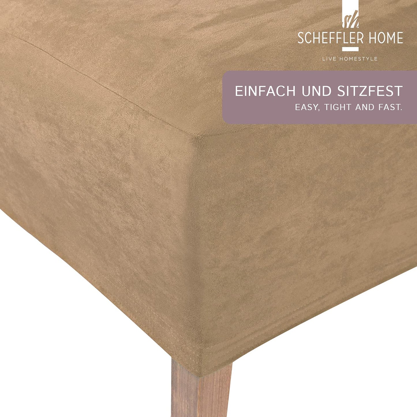 SCHEFFLER-Home Stuhlhussen Leon Beige/elastische Wildleder Hussen für Stühle/robuste Freischwinger Hussen/Stuhlhussen Stretch & Lederoptik/Stuhl Hussen waschbar