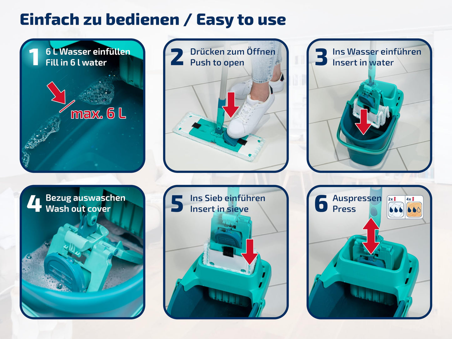 Leifheit Set POWER CLEAN, Wischer für Alle, rückenschonender Bodenwischer mit Reinigungsklingen, Wischtuchpresse, Wischmopp Set mit Eimer und 2x Mikrofaser Wischbezüge für alle Hartböden, Click-System