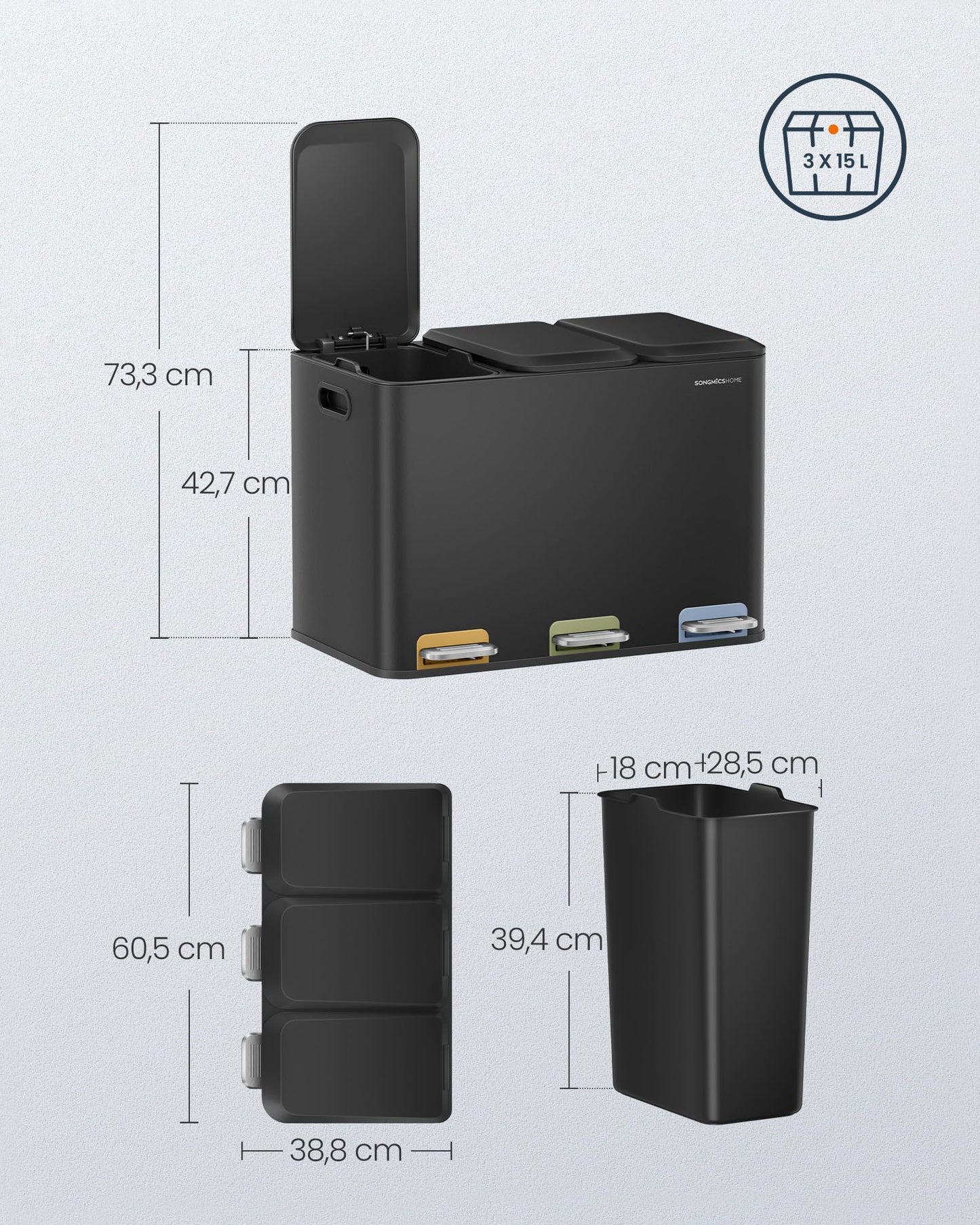 SONGMICS HOME Mülleimer Küche, 3 x 15 L Fächer, Abfalleimer mit farbcodierbaren Pedalen, Mülltrennsystem, mit Deckeln und Inneneimern, Stahl, tintenschwarz LTB740B02V1