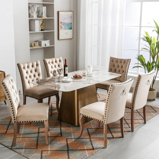 Merax Esszimmerstühle 6er Set, Hoher Rücken, Bequeme Polsterung, Vintage-Samt-Sitzfläche mit Knopfdekoration. Für Büro, Küche, Schlafzimmer. Stabiler massiver Holzrahmen, Helles Kamel