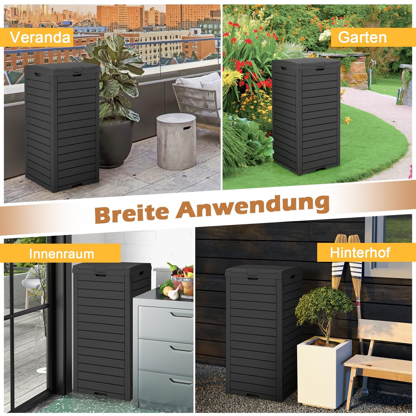 COSTWAY Mülleimer mit Deckel, 118 L, Mülltonne Abfalltonne Garten, mit ausziehbarer Flüssigkeitsschale & Griff, wasserdichter Müllbehälter Outdoor, für Veranda, Hinterhof, Terrasse (2 Pack-Schwarz)