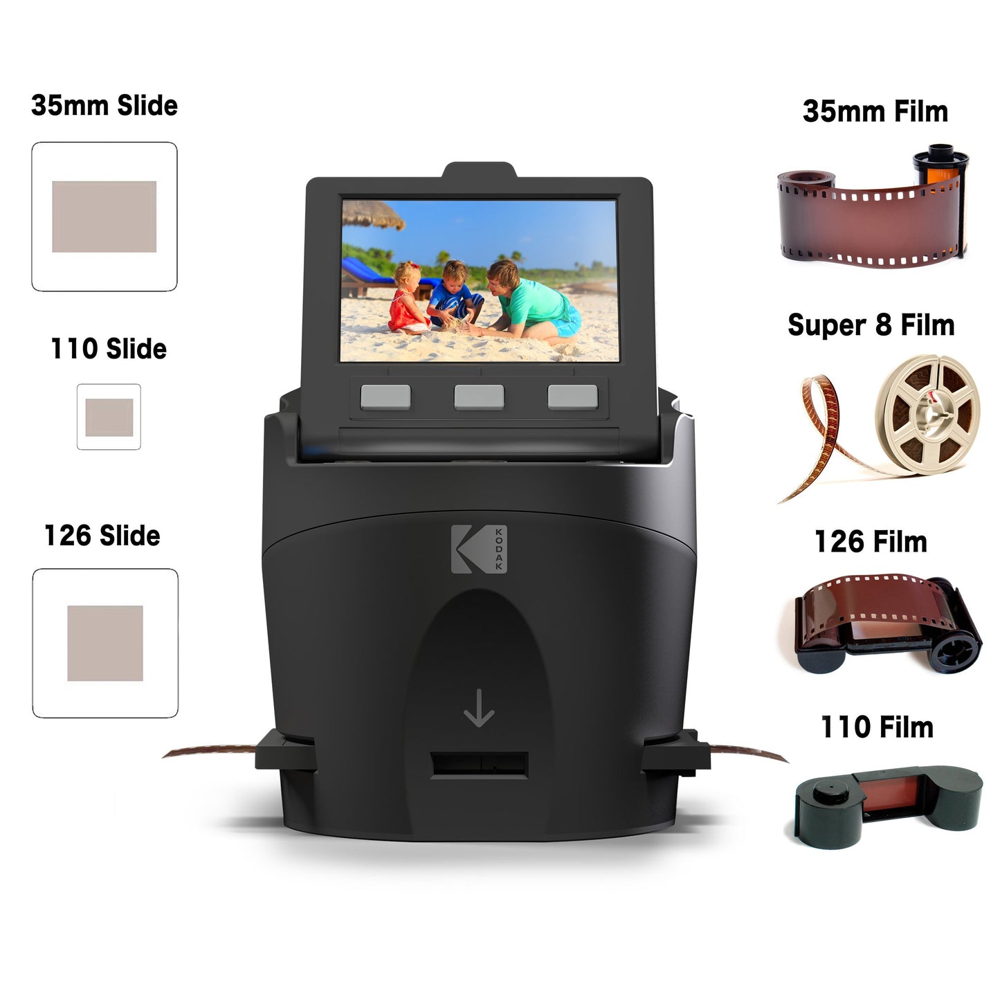 KODAK Digital Film Scanner, Konvertiert Negative und Filmdias 35mm, 126, 110, Super 8 und 8mm in JPEG inkl. großem neigbarem 3,5-Zoll-LC-Display und EasyLoad-Filme RODFS35 Schwarz