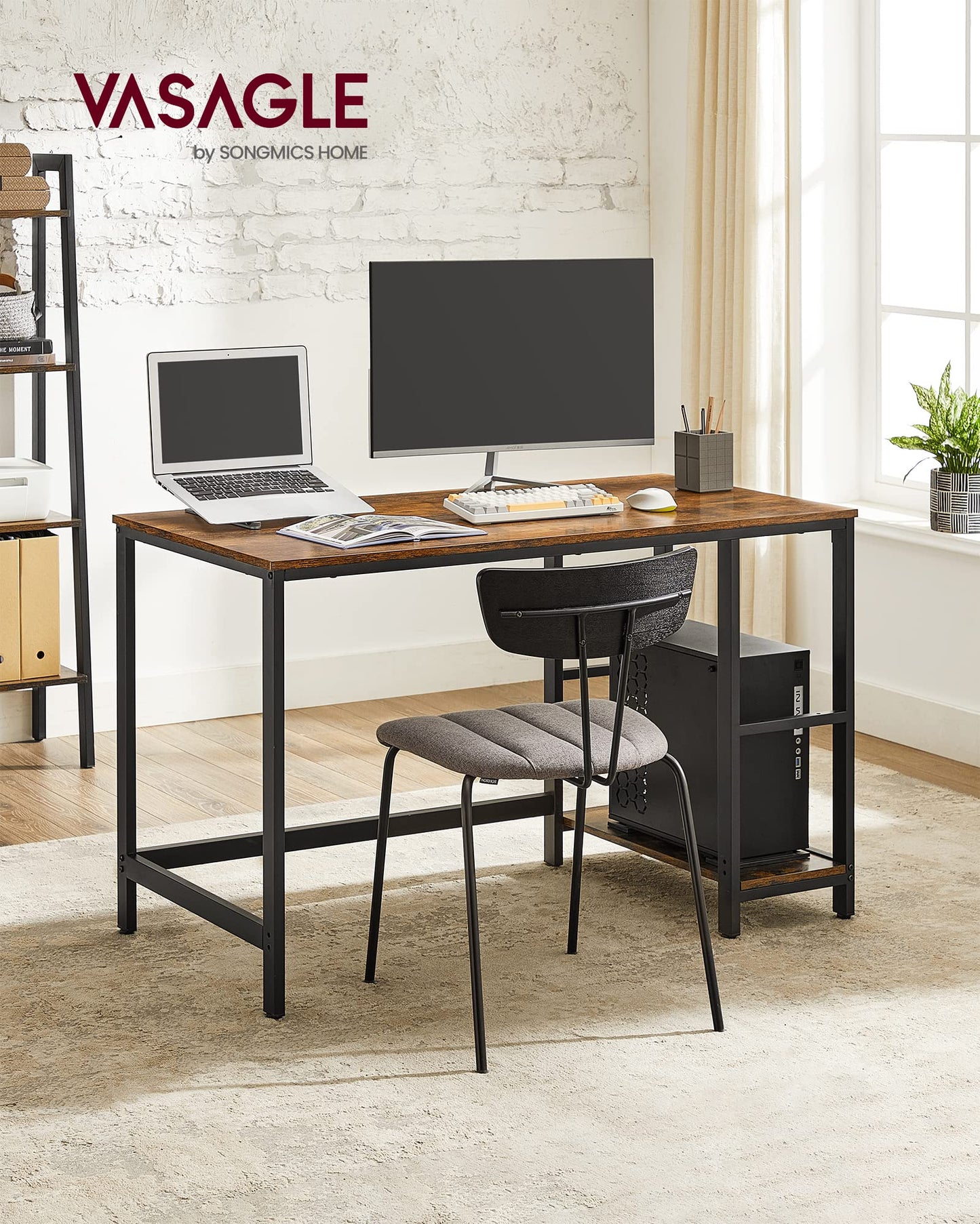 VASAGLE Schreibtisch, Computertisch, PC-Tisch, Bürotisch, mit 2 Ablagen auf der rechten oder linken Seite, fürs Büro, Wohnzimmer, Stahlgestell, Industrie-Design, vintagebraun-schwarz LWD47X