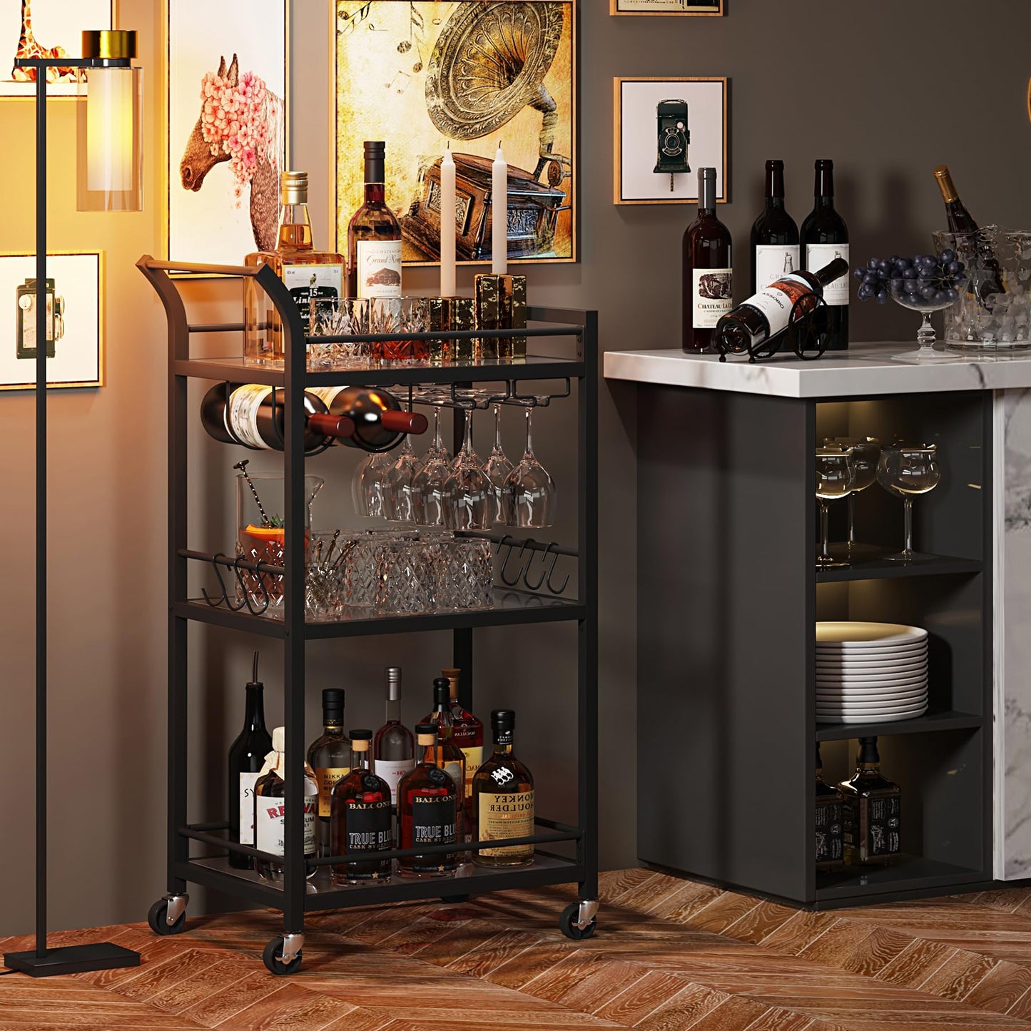 TUTOTAK Barwagen Home Bar Servierwagen Mikrowellenwagen Getränkewagen Mobiles Küchenregal mit 3 Ebenen Spiegelregal Weinhalter Glashalter Rollender Getränkewagen Schwarz BC01BK034