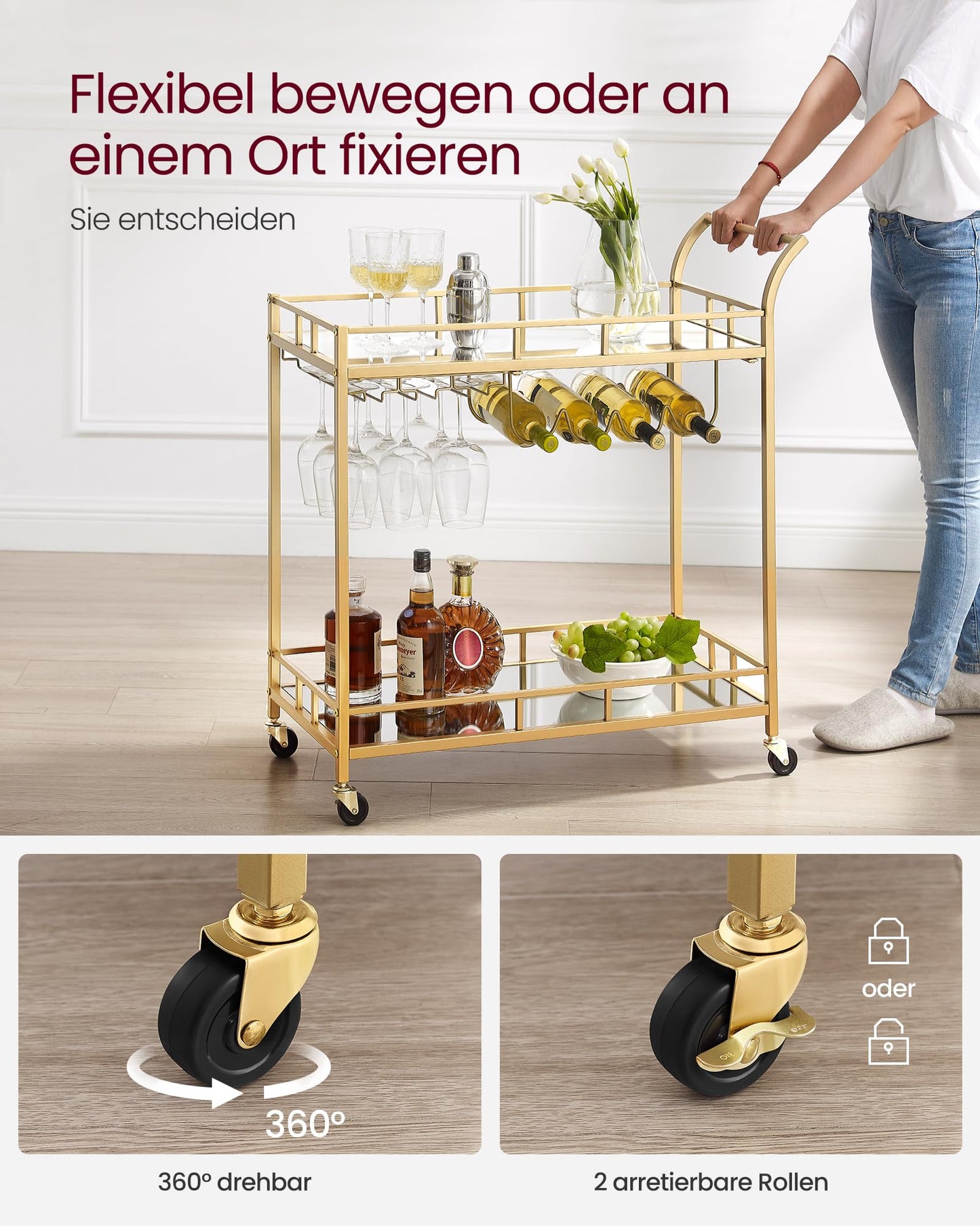 VASAGLE Servierwagen, Rollwagen, Gläserhalter, 2 verspiegelte Glasablagen, Barwagen, Weinwagen, für Küche, Esszimmer, Bar, goldfarben LRC090A03
