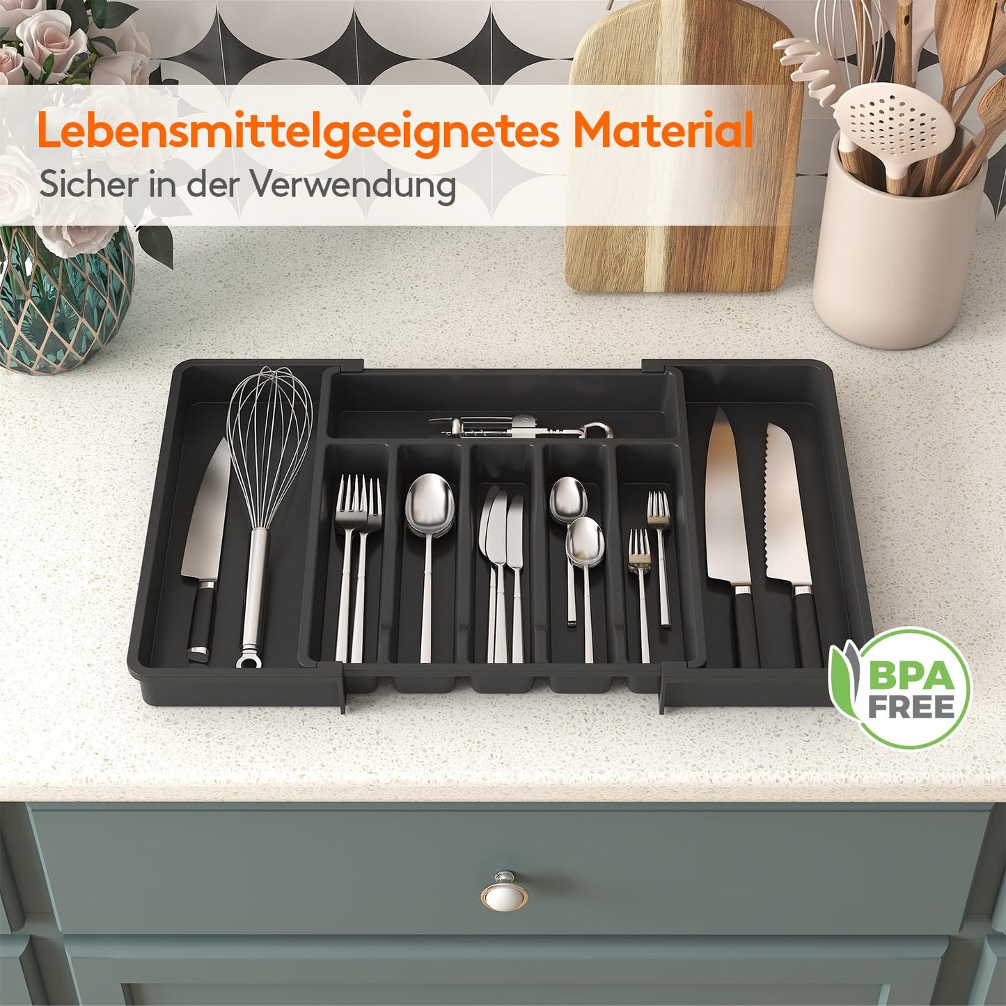 Lifewit Besteckkasten für Schubladen,verstellbarer Besteckhalter Utensilienhalter für Küchenschubladen, Schubladeneinsatz Besteckeinsatz für Küche Organizer aus Kunststoff für Löffel,Gabeln, Schwarz
