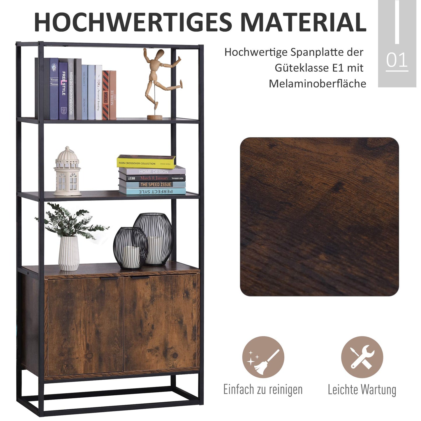 HOMCOM Industrielles Bücherregal mit Schrank, Braun, 76x33x162,5 cm