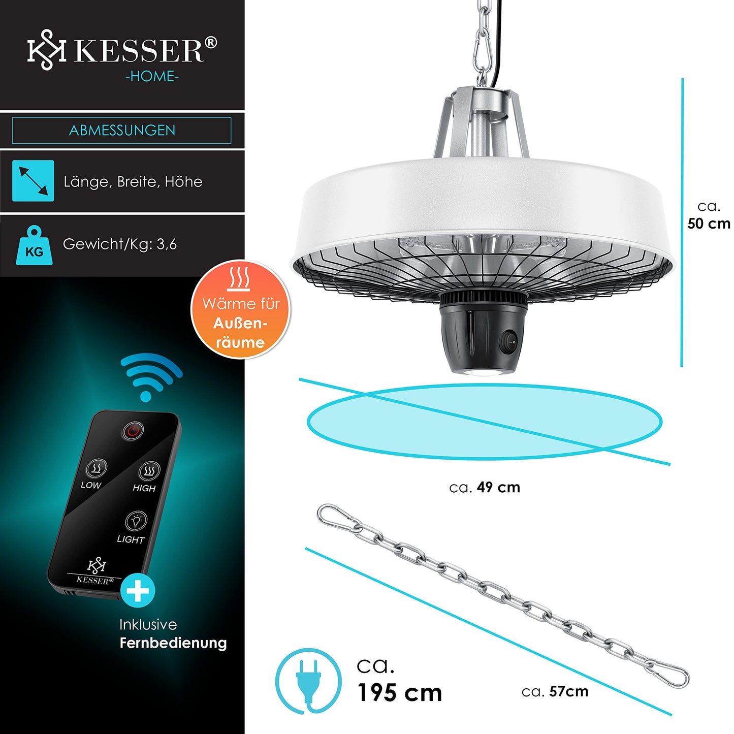 KESSER® Deckenheizstrahler Heizpilz Infrarot-Heizstrahler 2500W Terrassenstrahler mit Fernbedienung Quarzstrahler | LED Licht | Decke | Infrarotstrahler | mit Kette + Karabinerhaken Carbon-Heizelement