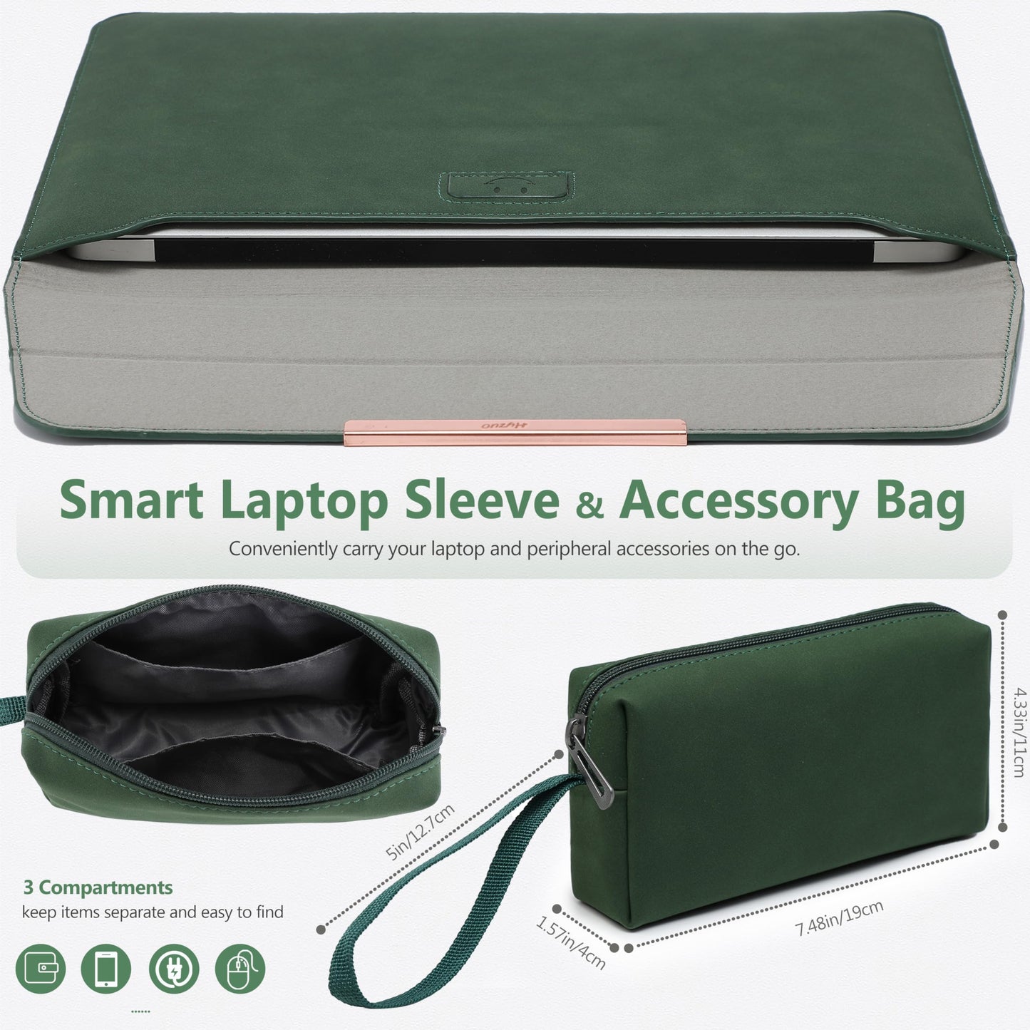HYZUO 13,3-14 Zoll Laptophülle Laptop Hülle Tasche mit Standfunktion für MacBook Pro 14 M4/M3/M2/M1 Pro/Max 2025-2021, MacBook Air/Pro 13.3, 13.8"/13.5" Surface Laptop, Mitternachtsgrün(Smiley)