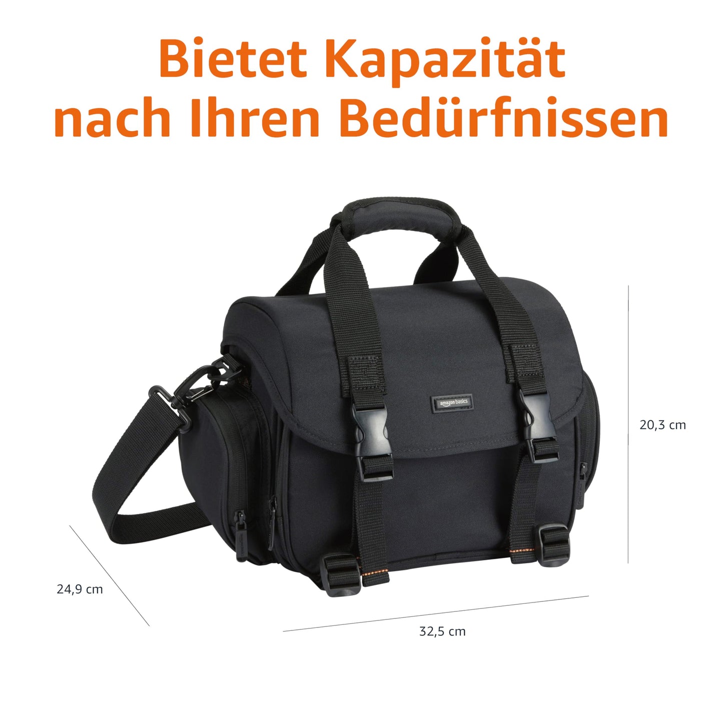 Amazon Basics - Schultertasche für SLR-Kamera und Zubehör, Groß, Verstellbarer Gurt, Wasserdicht, Stoßfest, Einfarbig, Gepolstert - Schwarz/Orange