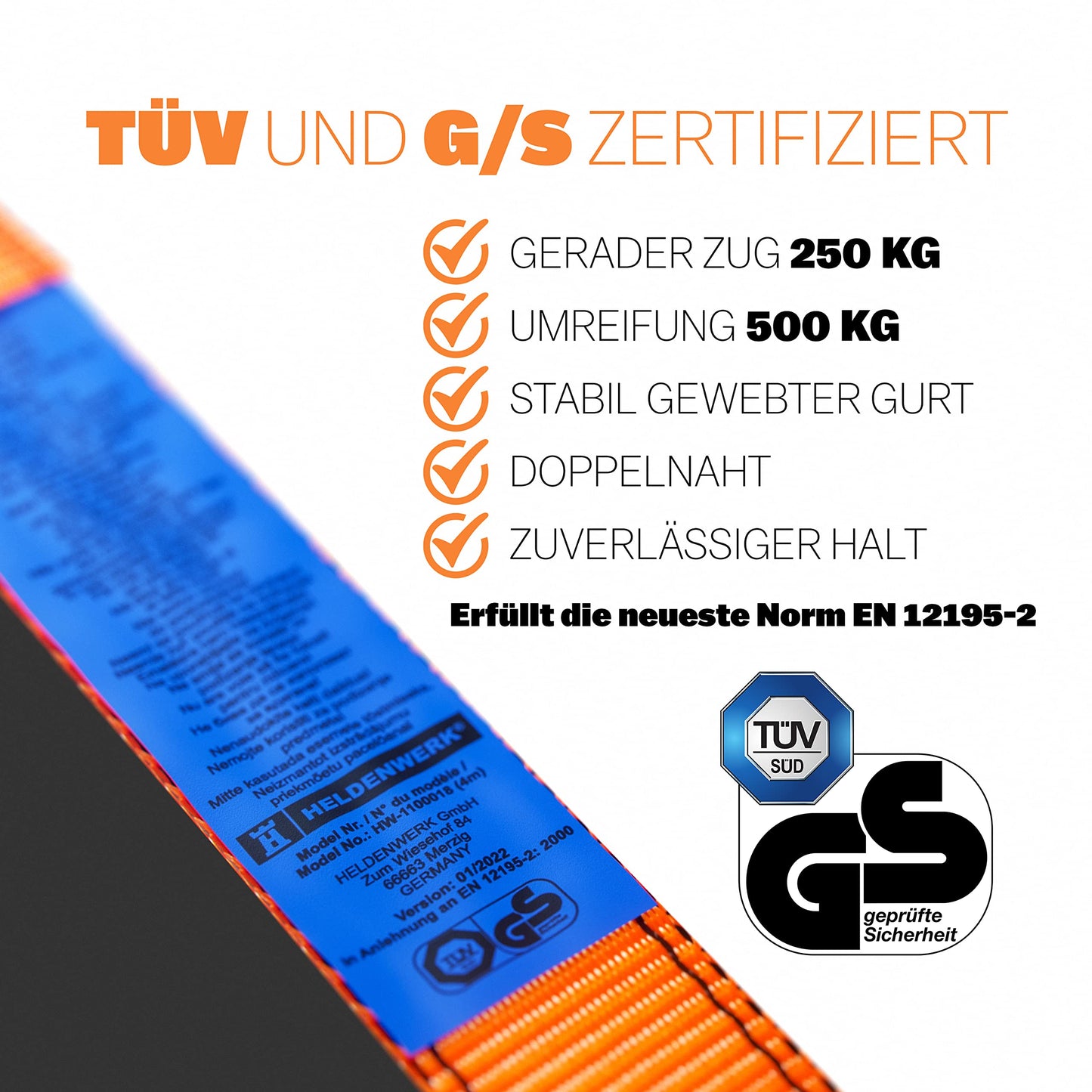 HELDENWERK 4 Stück Spanngurte mit Ratsche in 4m, 5m oder 6m Ratschengurte TÜV/GS Zertifiziert mit Doppelnaht I Zurrgurte wetterfest & robust