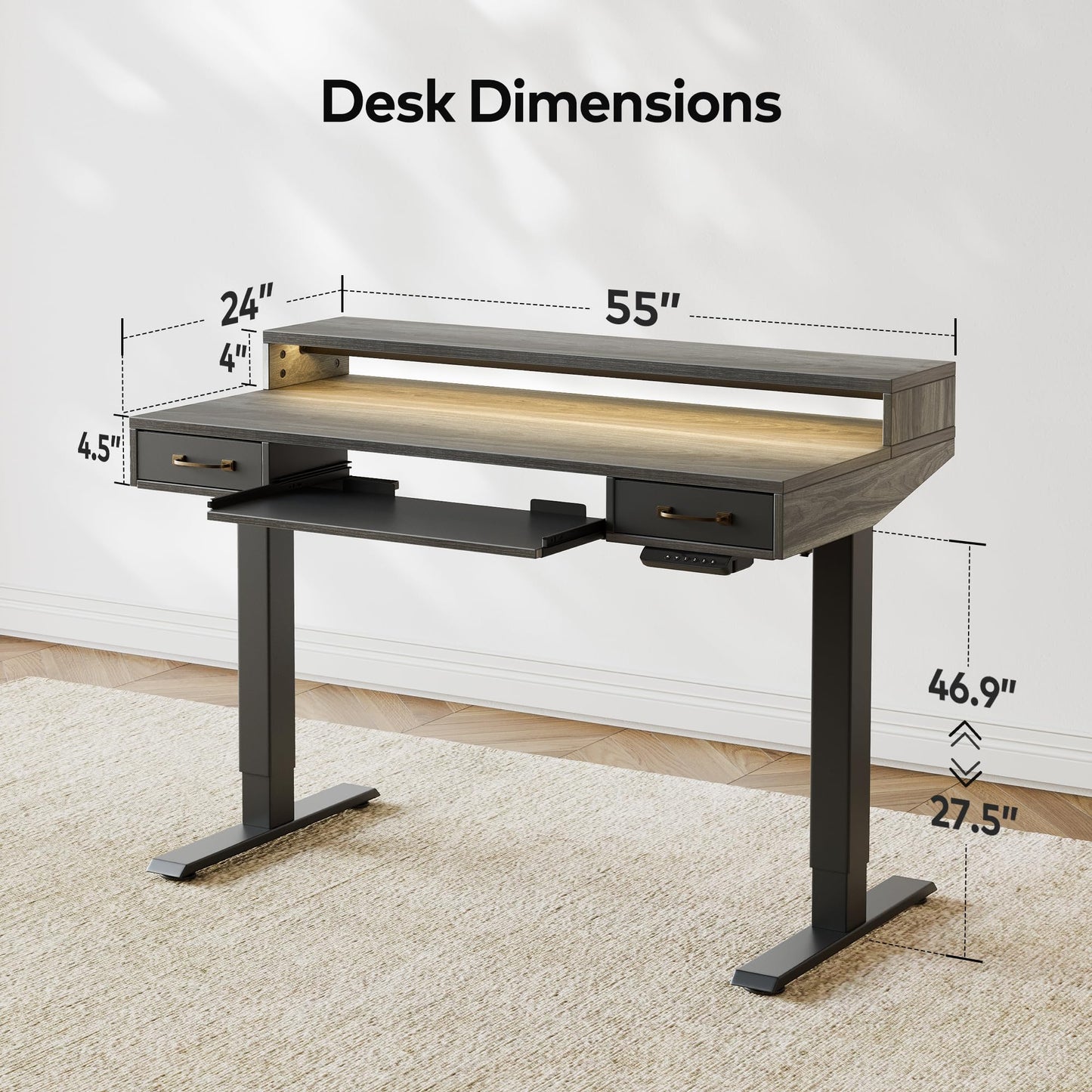FEZIBO Stehtisch mit 2 Schubladen & Tastaturablage, 140 x 60 cm Sitz-Steh-Schreibtisch mit Monitorständer & LED-Streifen, Rustikal Grau