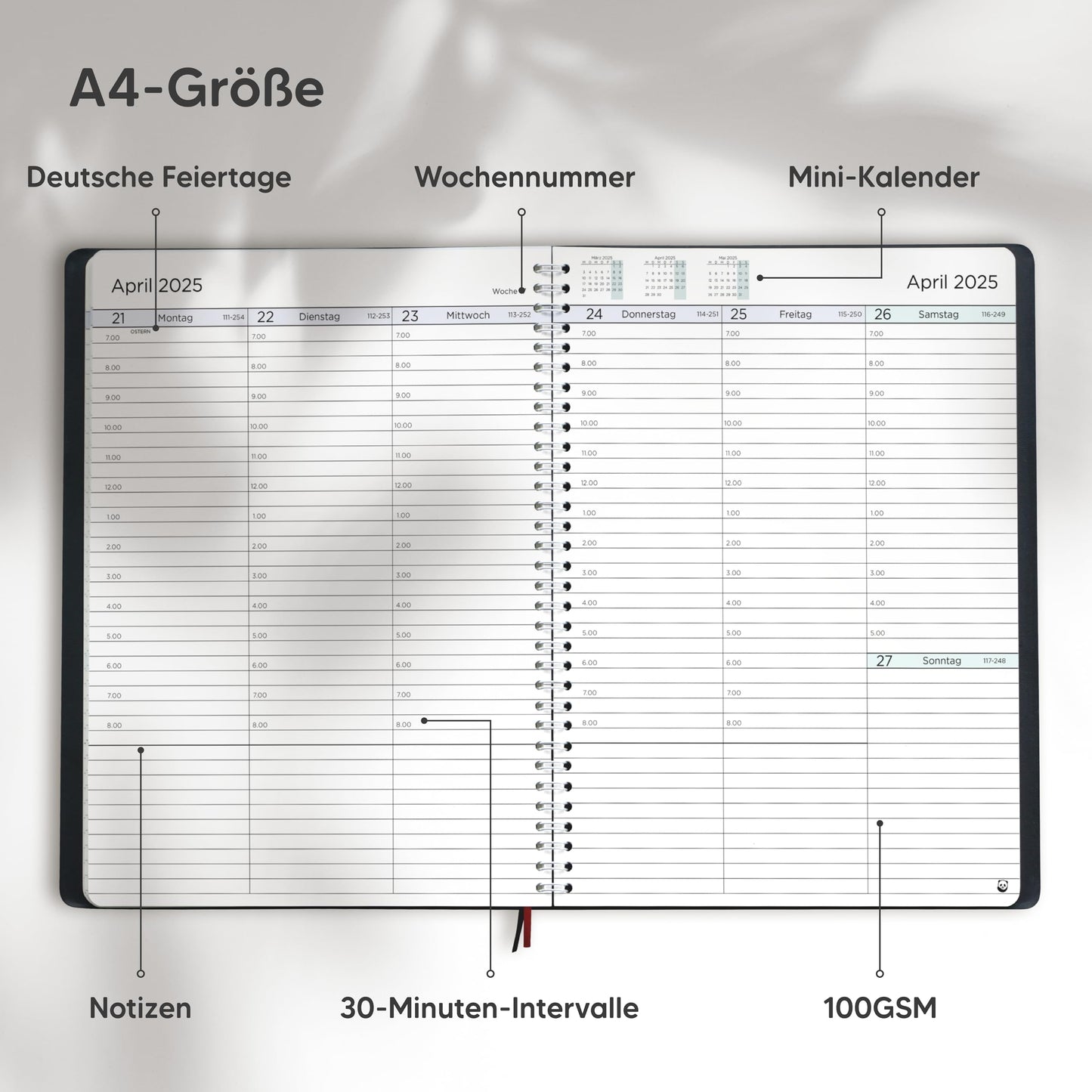 Terminplaner 2025 A4 von Smart Panda – Wochenplaner A4, Kalender 2025 – Softcover Tagebuch, 30 Minuten-Intervalle – Terminkalender, Planer 2025 – auf Deutsch