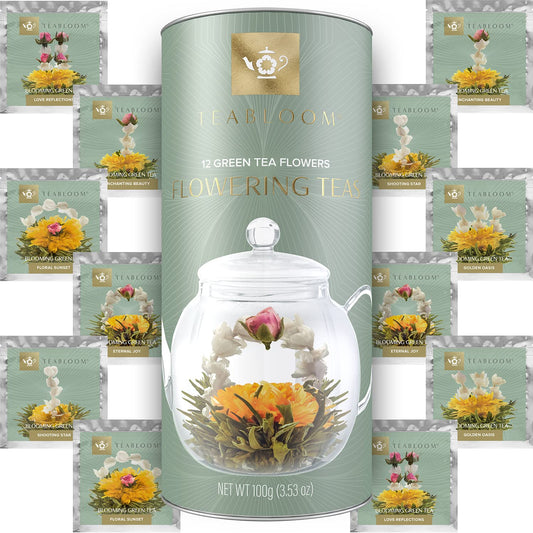 Teabloom Teeblumen Sortiment – 12 Sorten Blumentee in Eleganter Geschenk Teebox – 36 Aufgüsse (Jasmin)