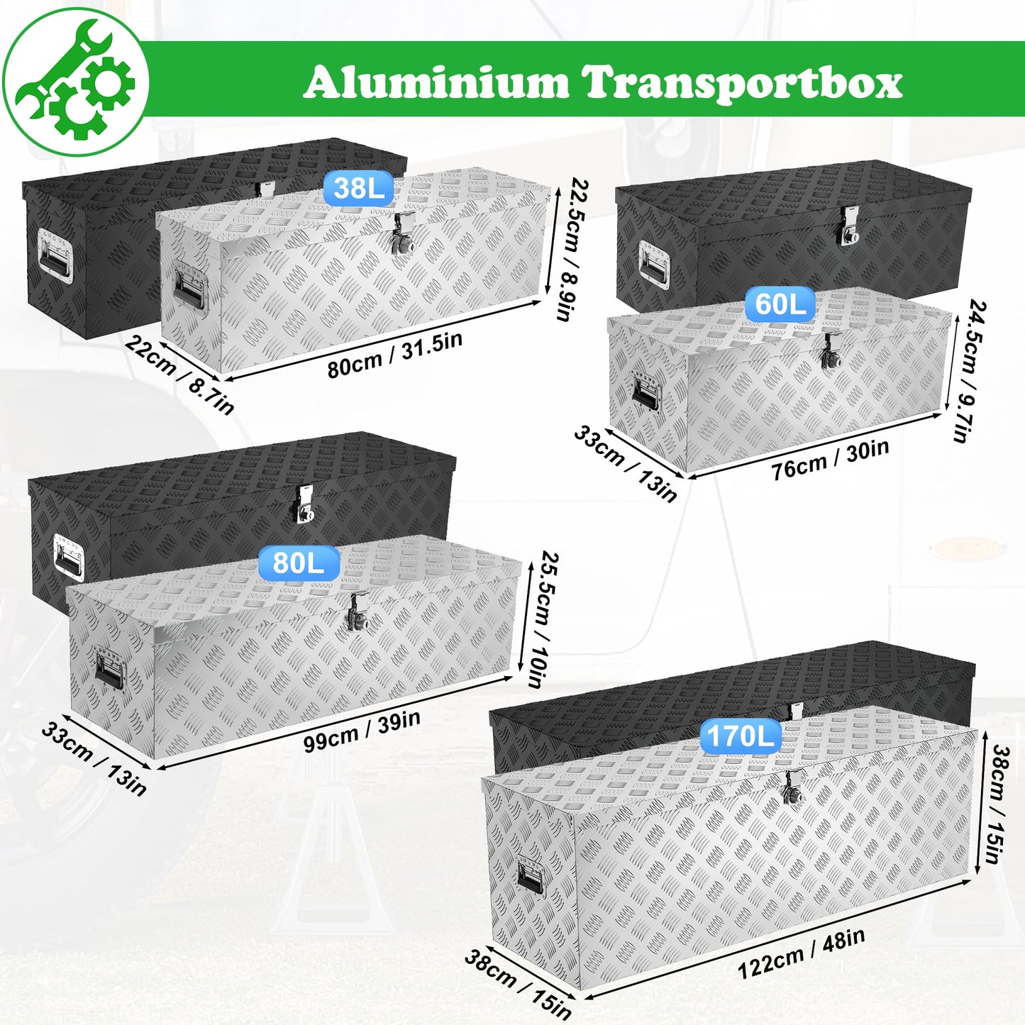 SUBTLETY 38L Aluminium Werkzeugkästen mit 2 Schlüssel Abschließbare Transportbox Wasserdichte Metallkiste Werkzeugkoffer Aufbewahrung Deichselbox mit Deckel Alukiste für PKW Anhänger (Silber)